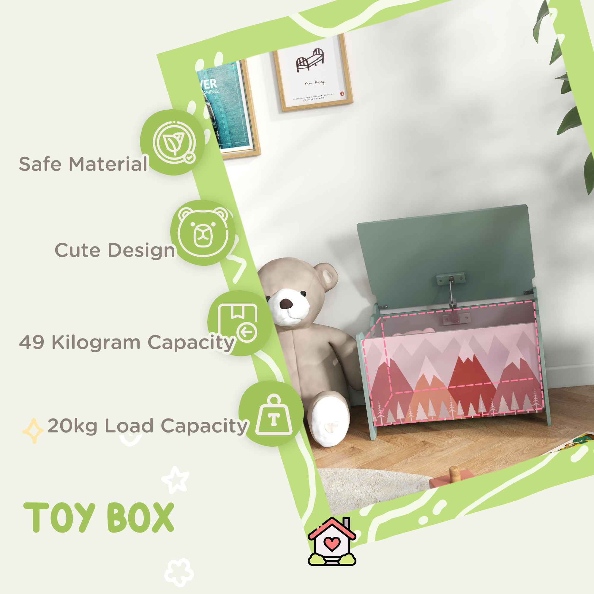 ZONEKIZ Children's Toy Chest with Safety Hinge, Cute Animal Design Toy Box for Nursery, Green
