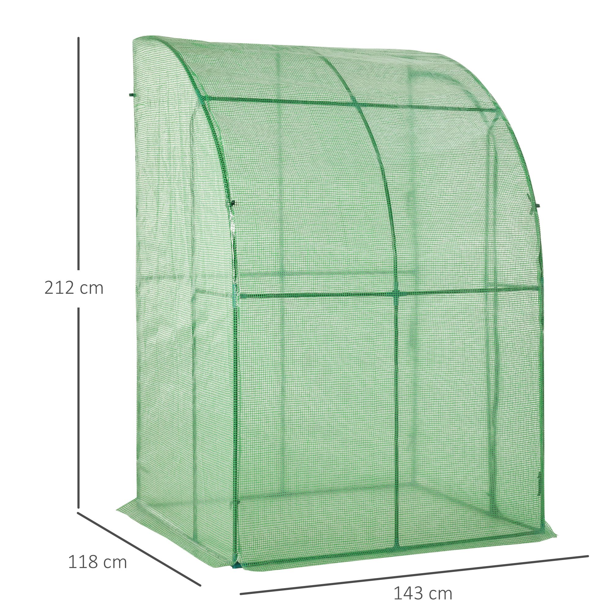 Outsunny Walk-In Greenhouse Lean to Wall Tunnel Greenhouse with Zippered Roll Up Door PE Cover and Steel Frame for Garden, 143 x 118 x 212 cm