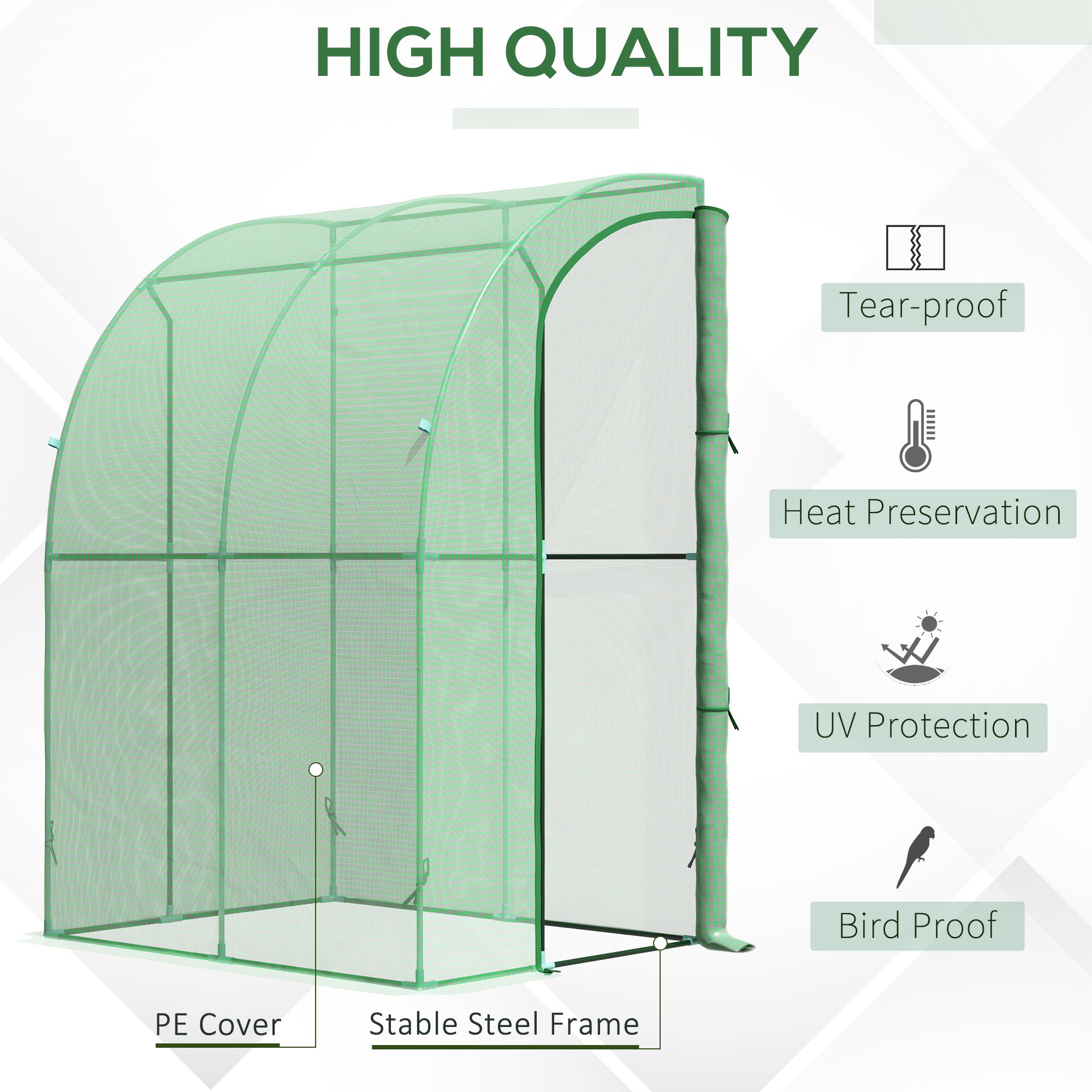 Outsunny Walk-In Greenhouse Lean to Wall Tunnel Greenhouse with Zippered Roll Up Door PE Cover and Steel Frame for Garden, 143 x 118 x 212 cm