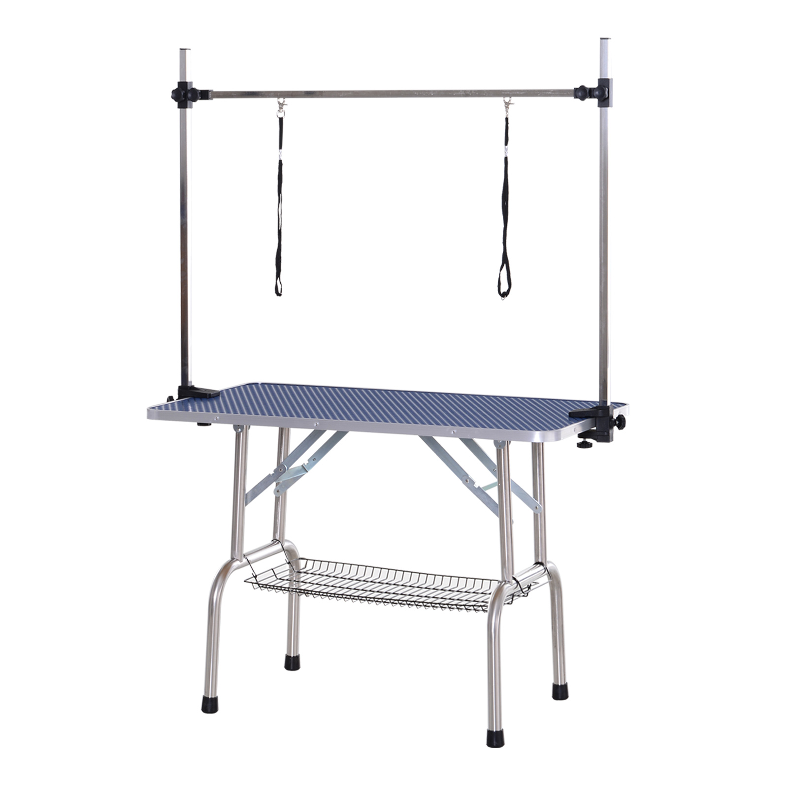 PawHut Adjustable Dog Grooming Table Rubber Top 2 Safety Slings Mesh Storage Basket Heavy Metal Blue 107 x 60 x 170cm | Aosom Ireland
