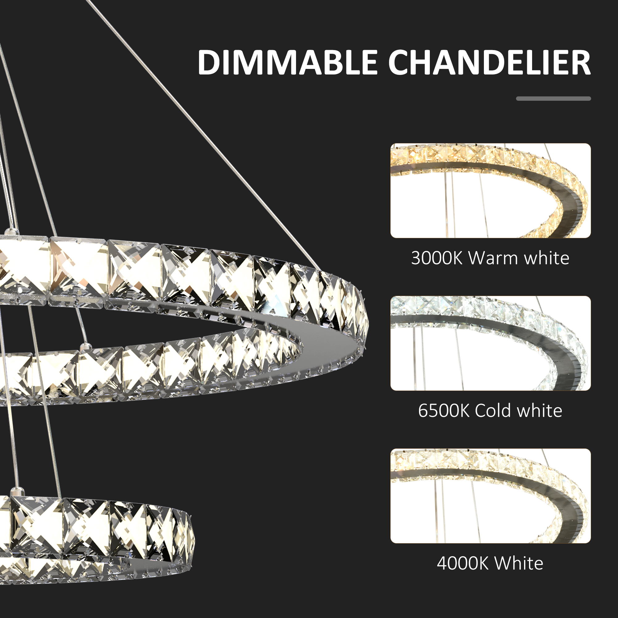 HOMCOM Modern LED Chandelier with 2 Crystal Rings, Dimmable Pendent Ceiling Light Cool Warm White with Adjustable Cable Remote Controller, Silver