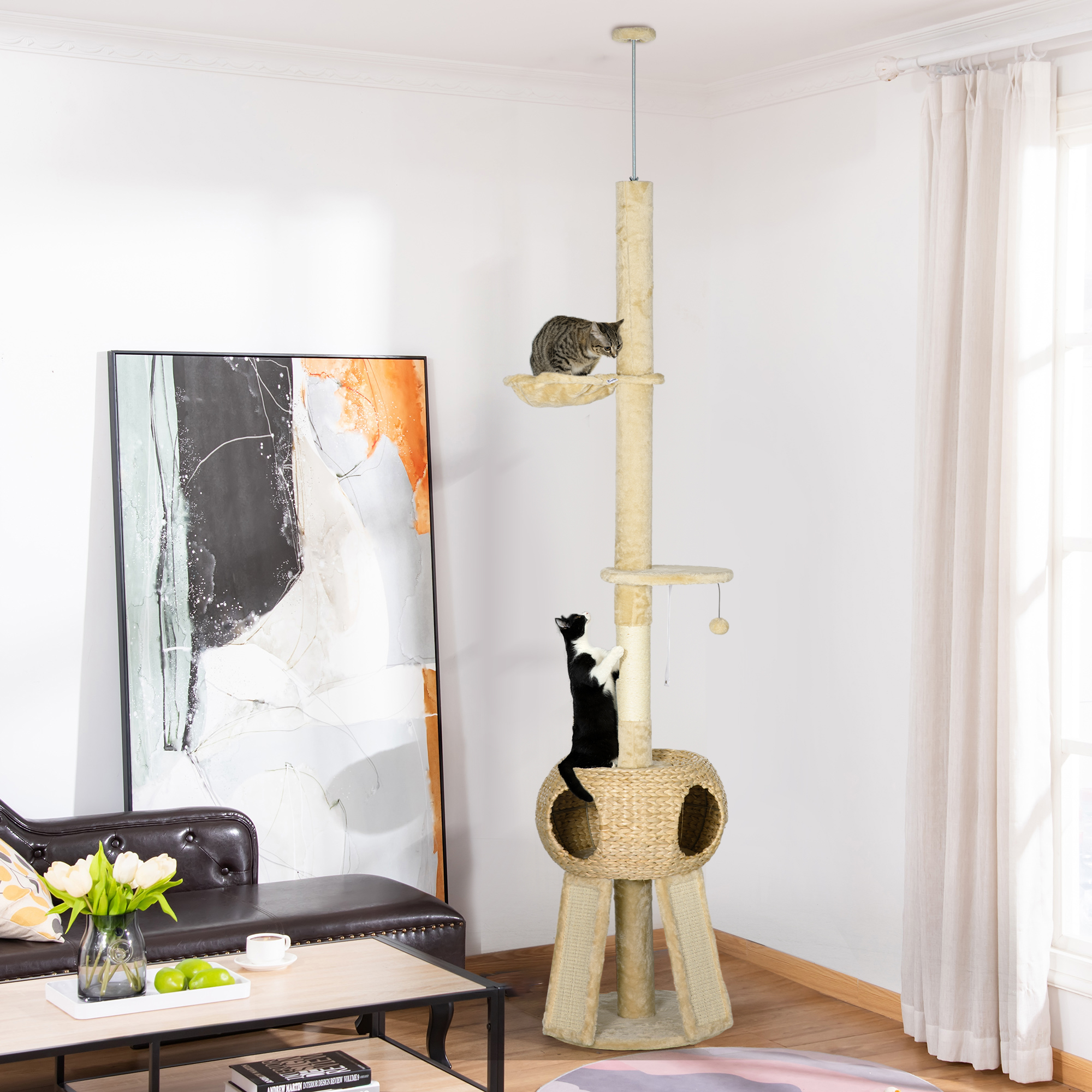 PawHut Cat Tree Tower, 255cm Tall for Indoor Cats, with Scratching Post, Cat House, Platform, Beige