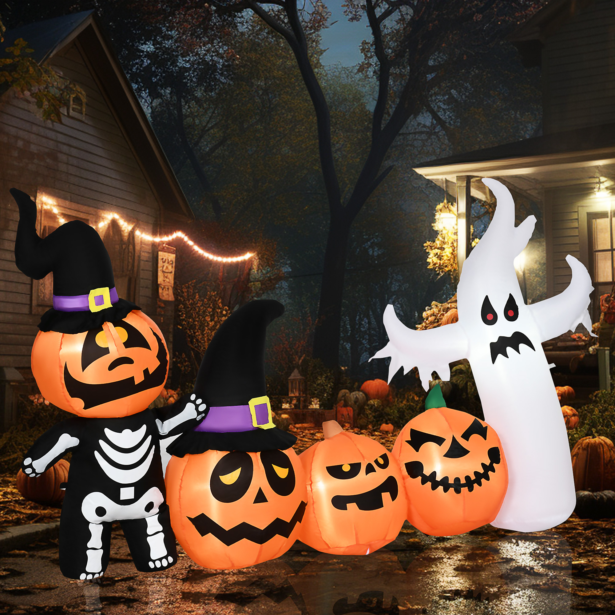 HOMCOM 8.5ft Inflatable Halloween Skeleton Pumpkin Ghost and White Ghost with Three Pumpkins, Blow-Up Outdoor LED Display for Garden, Party, Holiday