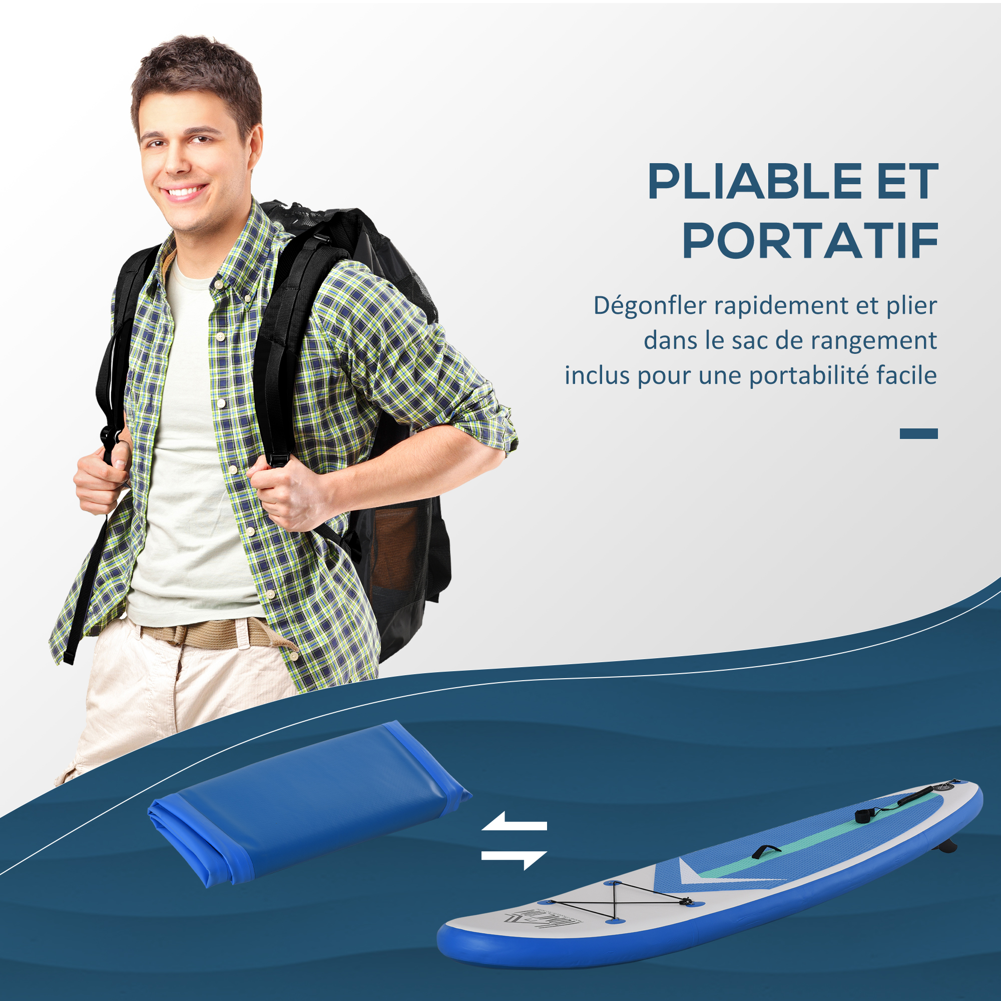 Stand Up Paddle Gonflable HOMCOM – 301 X 76 X 10 Cm, Bleu/blanc/noir, 100 Kg Max, Pompe Et Pagaie Incluses