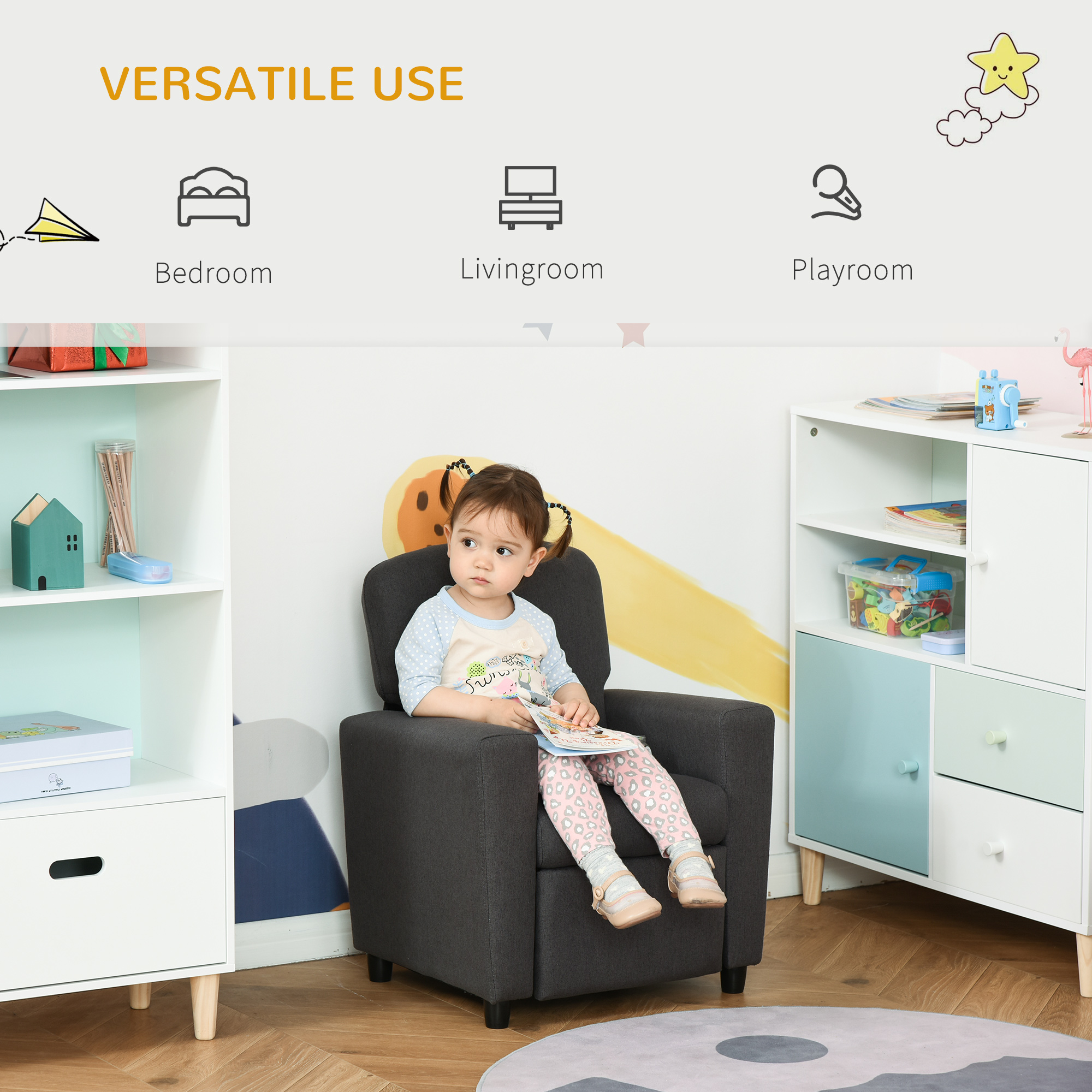 HOMCOM Children's 2-in-1 Sofa and Armchair with Footrest, Soft Seating for Playroom and Bedroom, 55 x 50 x 67cm, Grey