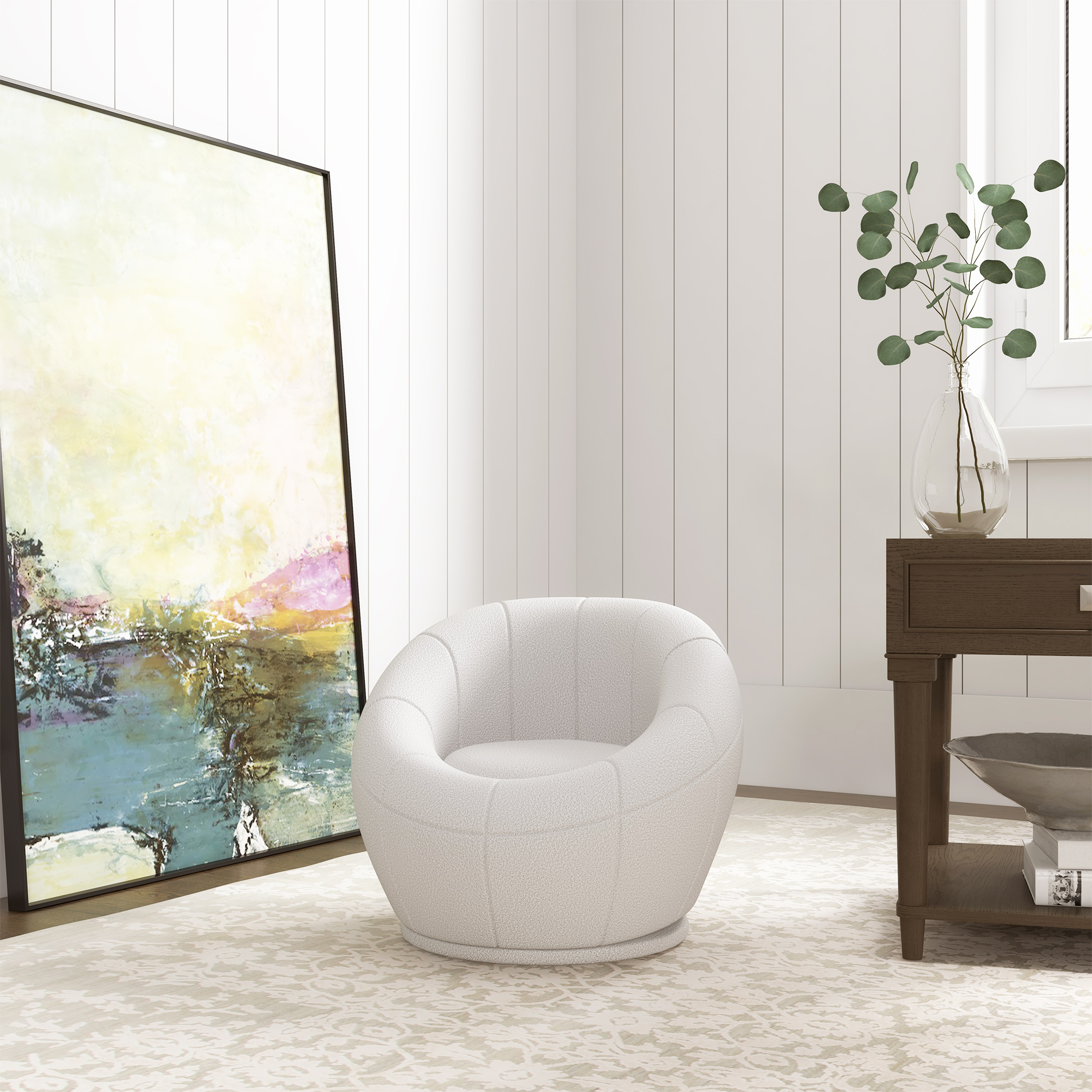 HOMCOM Modern Accent Chair, Swivel Upholstered Armchair for Living Room, Bedroom, Home Office, White