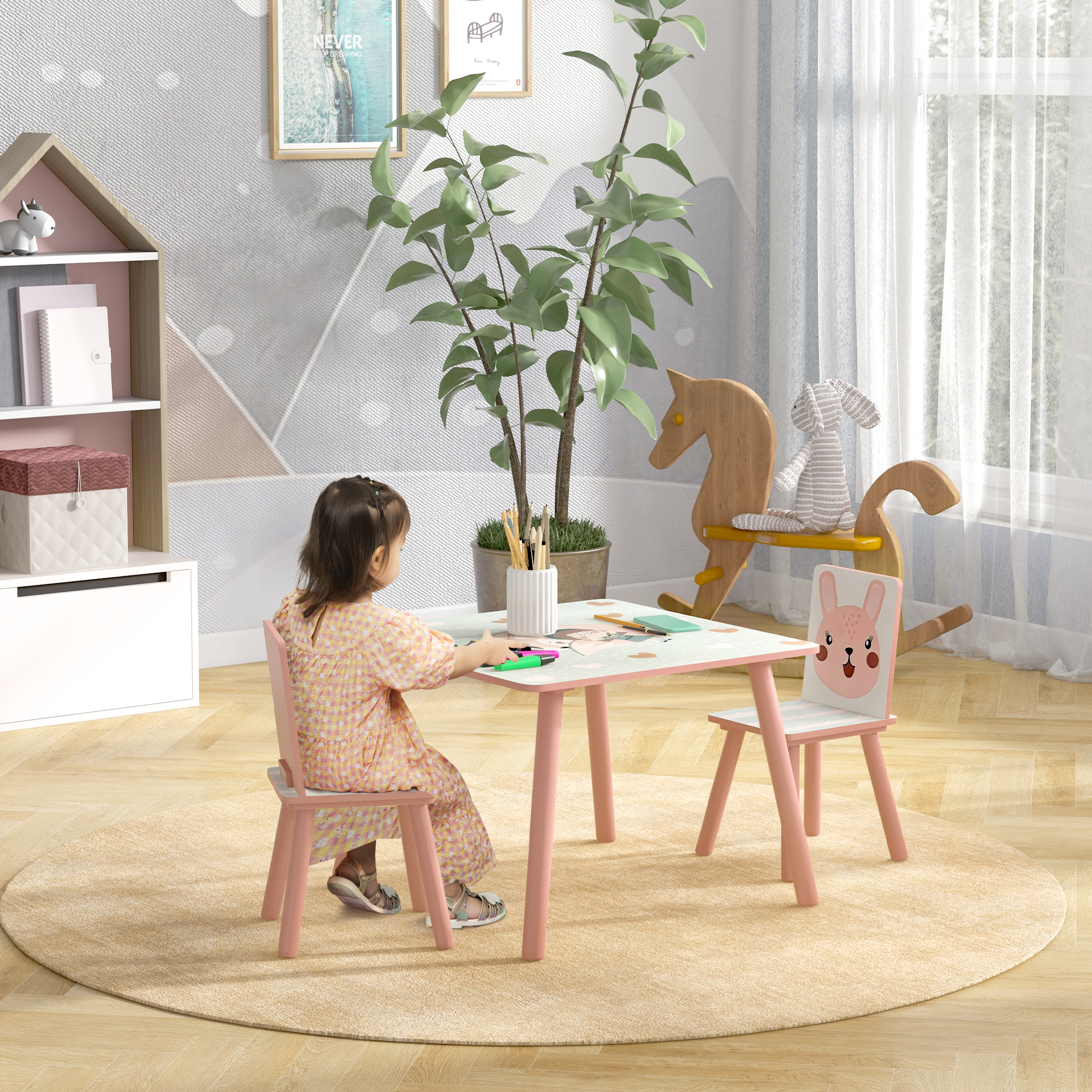 ZONEKIZ Toddler Desk and Chair Set, Kids Activity Table with Two Chairs, Furniture for Ages 3-6, Pink