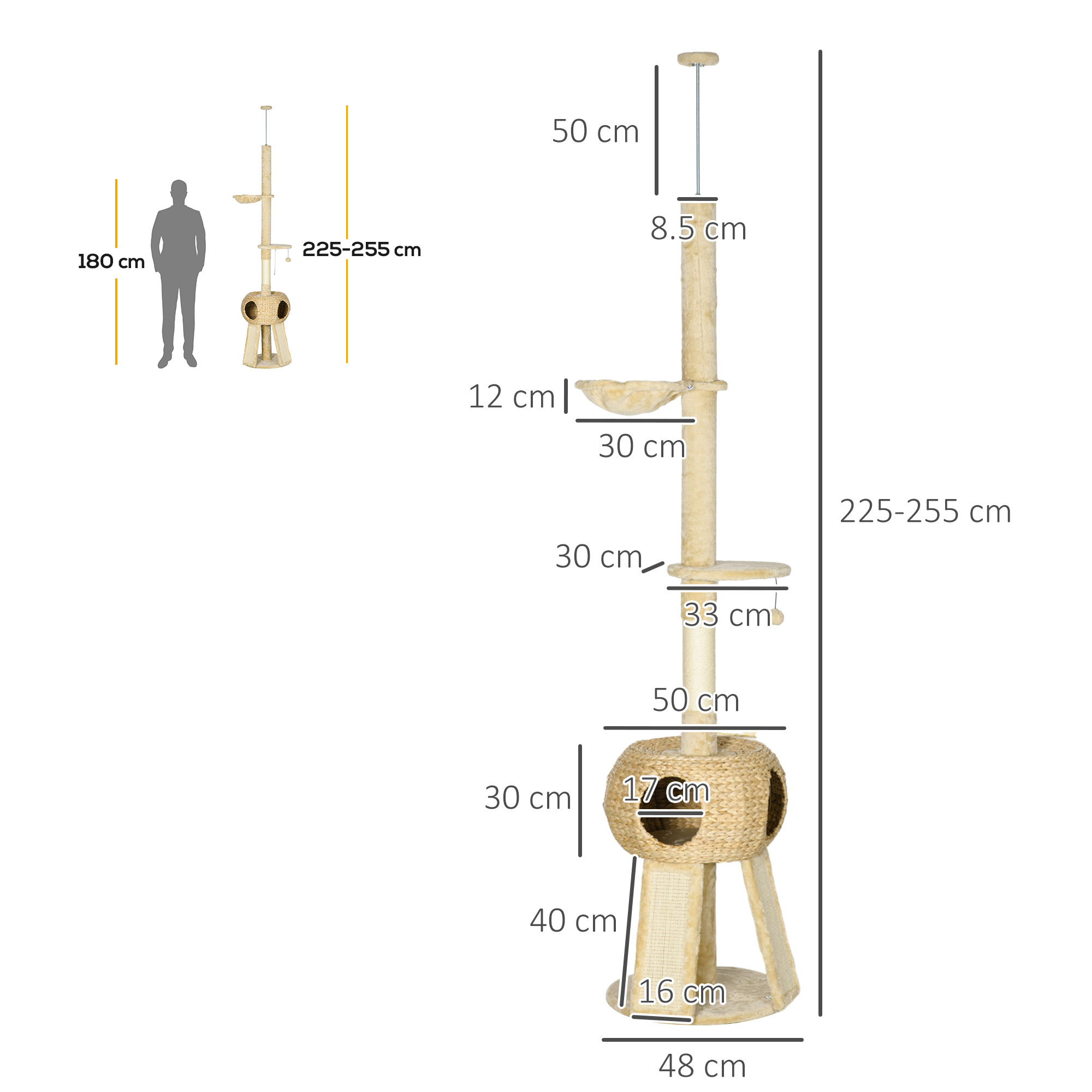 PawHut Cat Tree Tower, 255cm Tall for Indoor Cats, with Scratching Post, Cat House, Platform, Beige