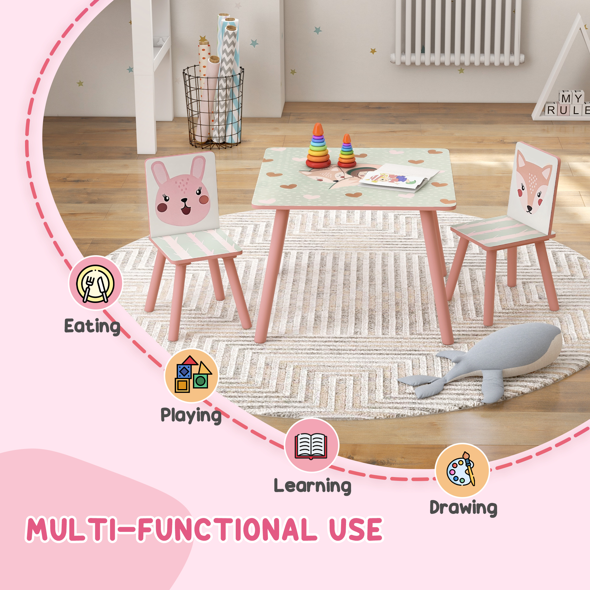 ZONEKIZ Toddler Desk and Chair Set, Kids Activity Table with Two Chairs, Furniture for Ages 3-6, Pink