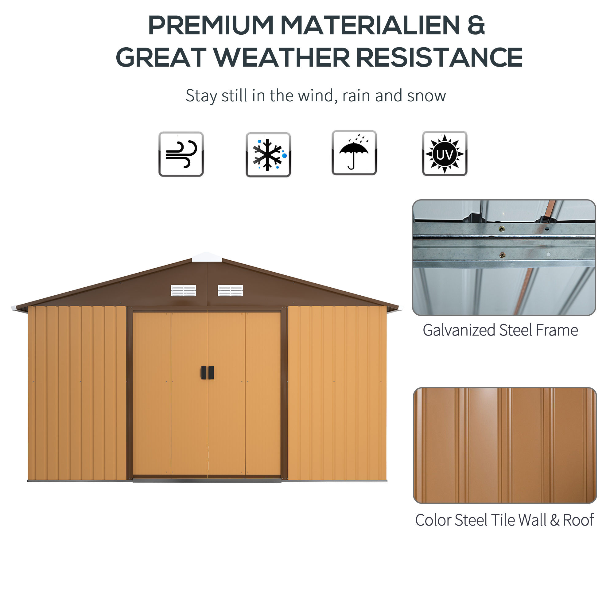 Outsunny 13 x 11 ft Metal Garden Shed Large Patio Roofed Tool Storage Box with Foundation Ventilation and Sliding Doors, Yellow