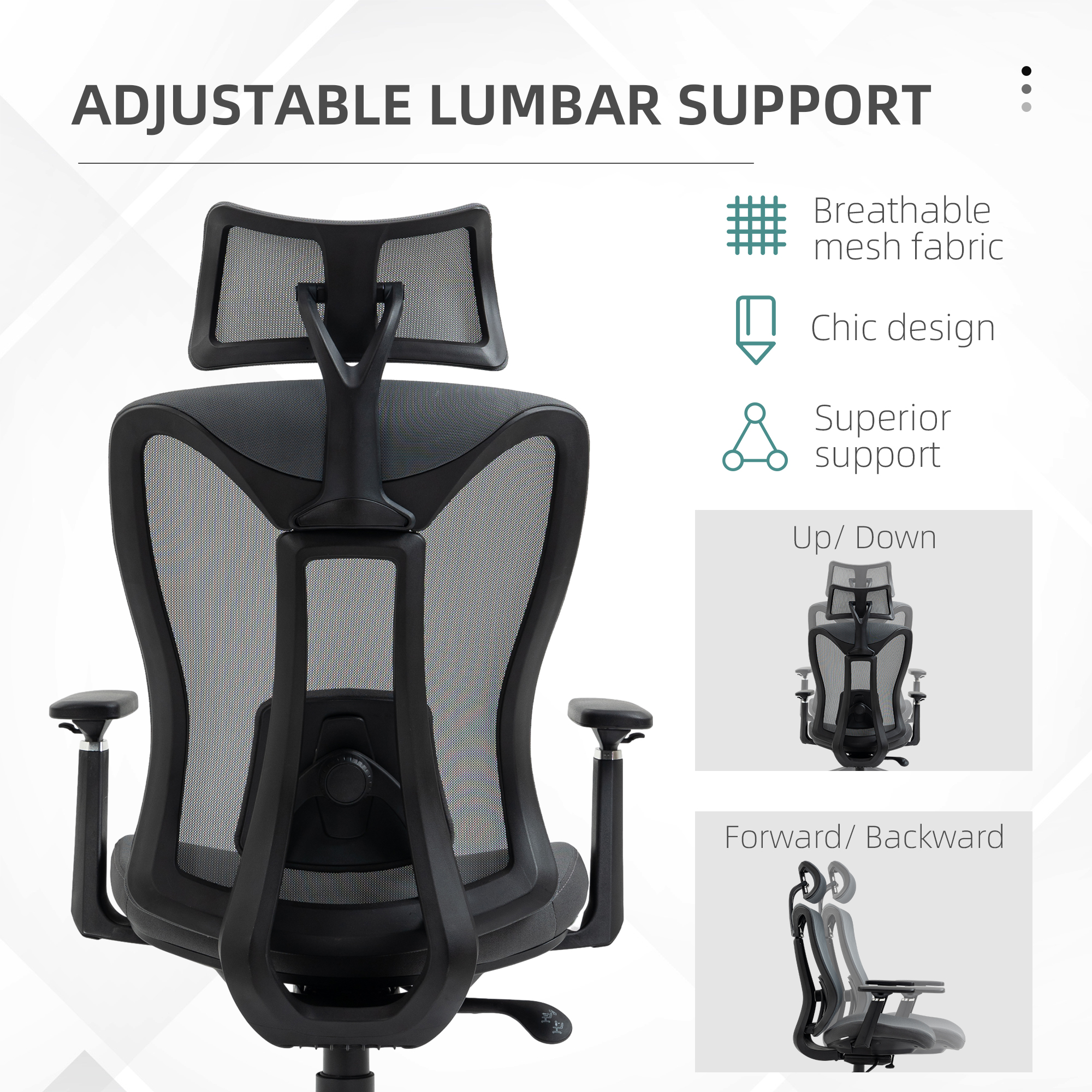 Vinsetto Mesh Office Chair, Reclining Desk Chair with Adjustable Headrest, Lumbar Support, 3D Armrest, Sliding Seat, Swivel Wheels, Grey