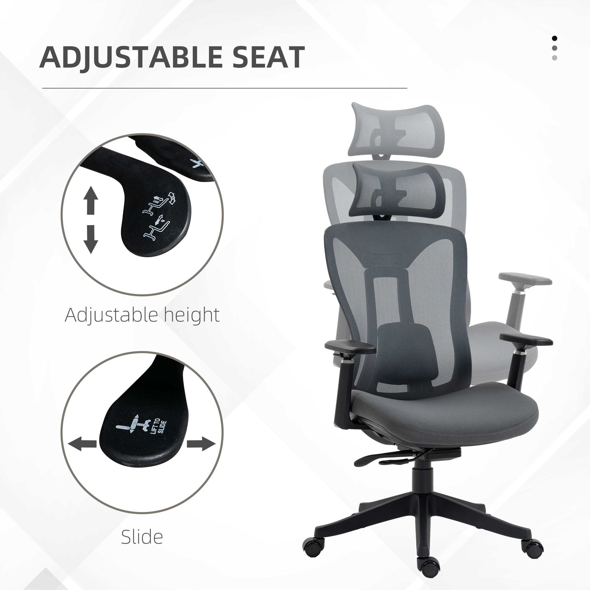 Vinsetto Mesh Office Chair, Reclining Desk Chair with Adjustable Headrest, Lumbar Support, 3D Armrest, Sliding Seat, Swivel Wheels, Grey