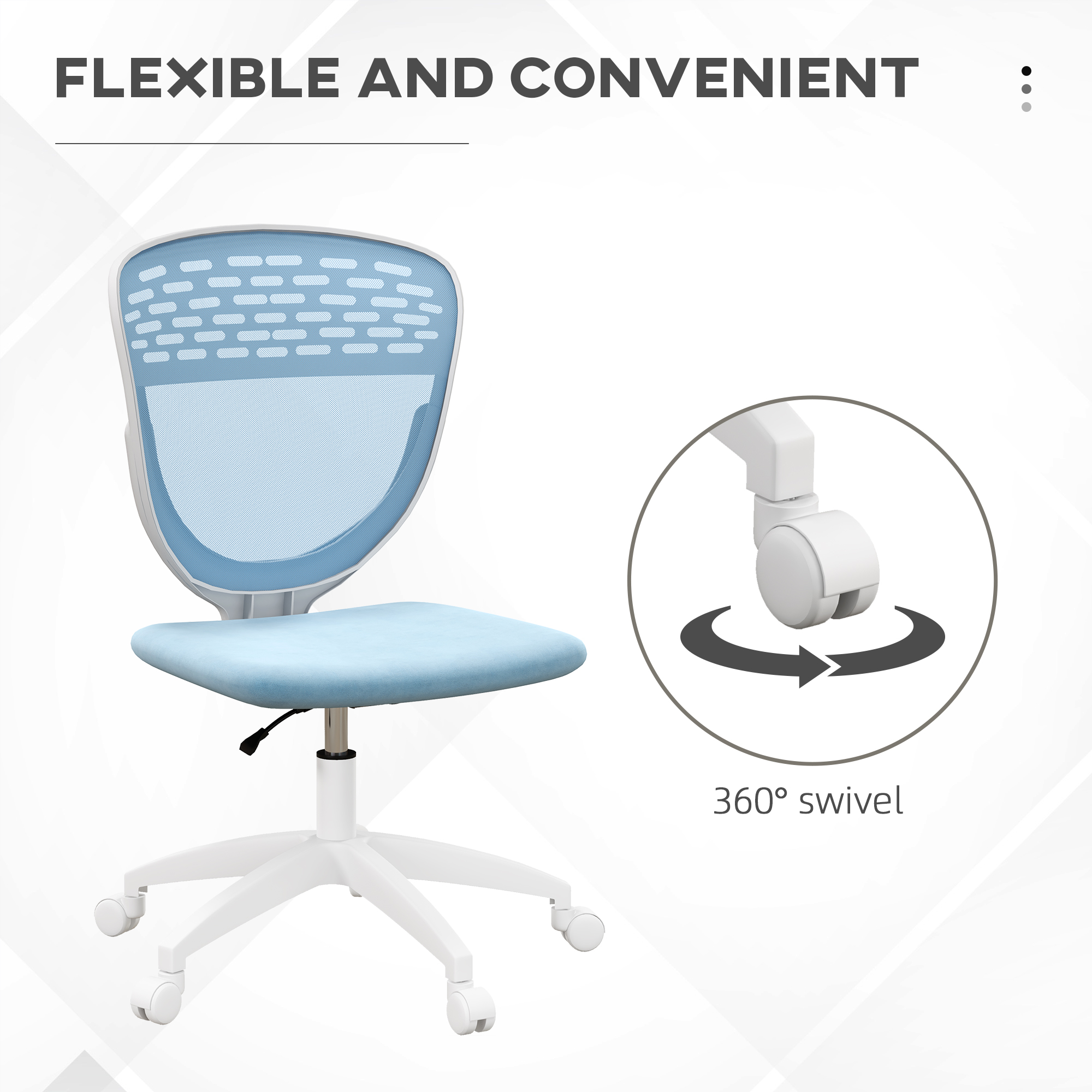 Vinsetto Desk Chair, Armless, Mesh Office Chair, Height Adjustable with Swivel Wheels, Blue.