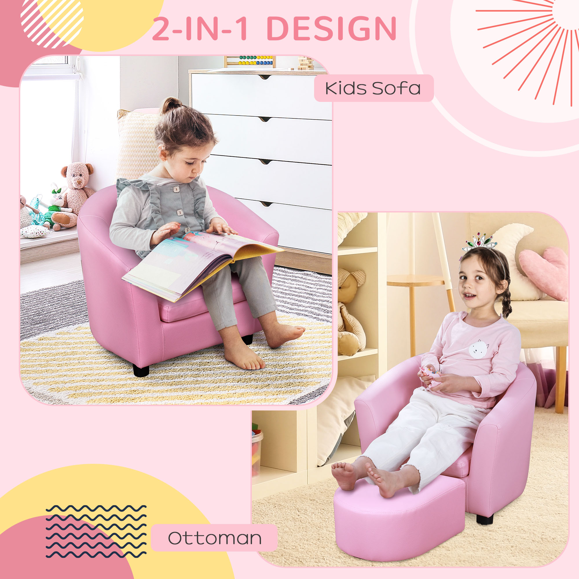 HOMCOM Children's Mini Sofa with Footstool, Thick Padding, Anti-slip Feet, 30 x 28 x 21cm, Pink