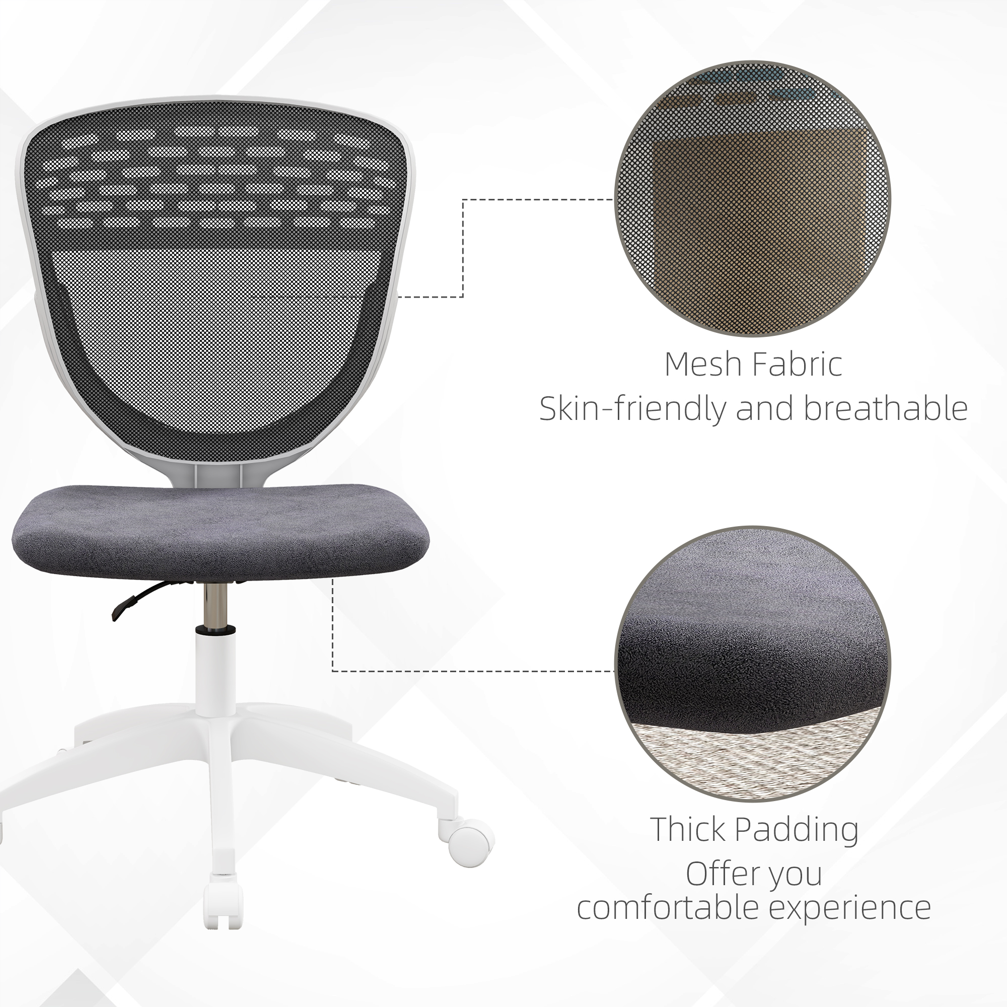 Vinsetto Ergonomic Office Chair, Armless Mesh Back, Height Adjustable, with Swivel Wheels, Grey