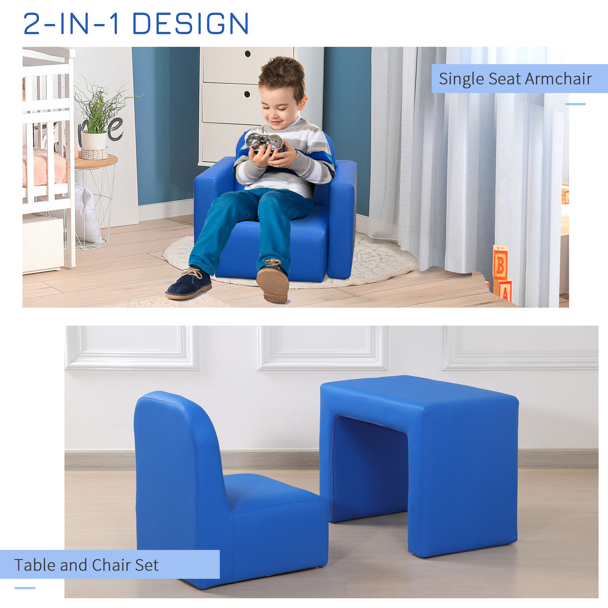 HOMCOM Toddler 2-in-1 Sofa Chair for Playroom, Comfortable Child's Armchair for Relaxation & Play, Blue