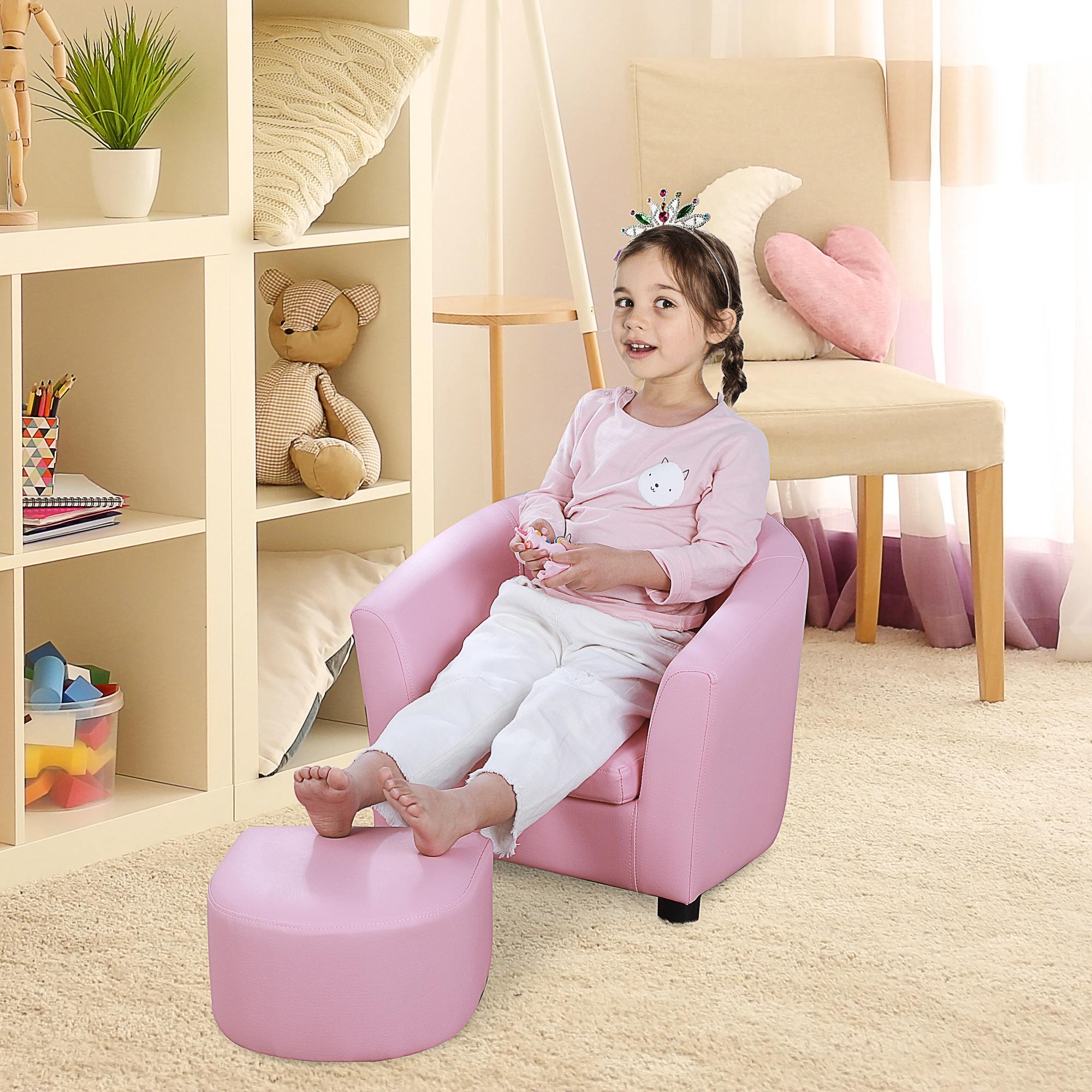 HOMCOM Children's Mini Sofa with Footstool, Thick Padding, Anti-slip Feet, 30 x 28 x 21cm, Pink
