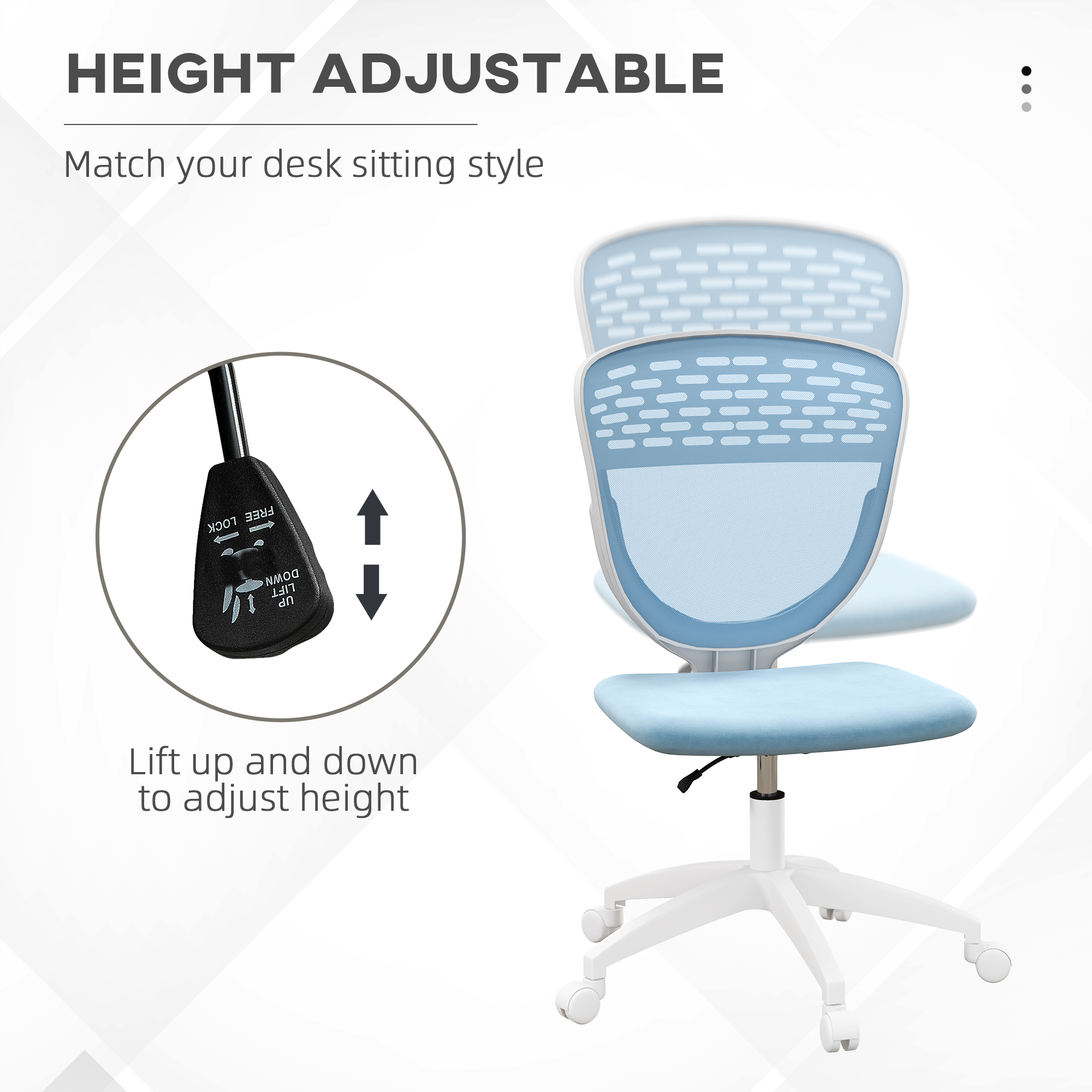 Vinsetto Desk Chair, Armless, Mesh Office Chair, Height Adjustable with Swivel Wheels, Blue.