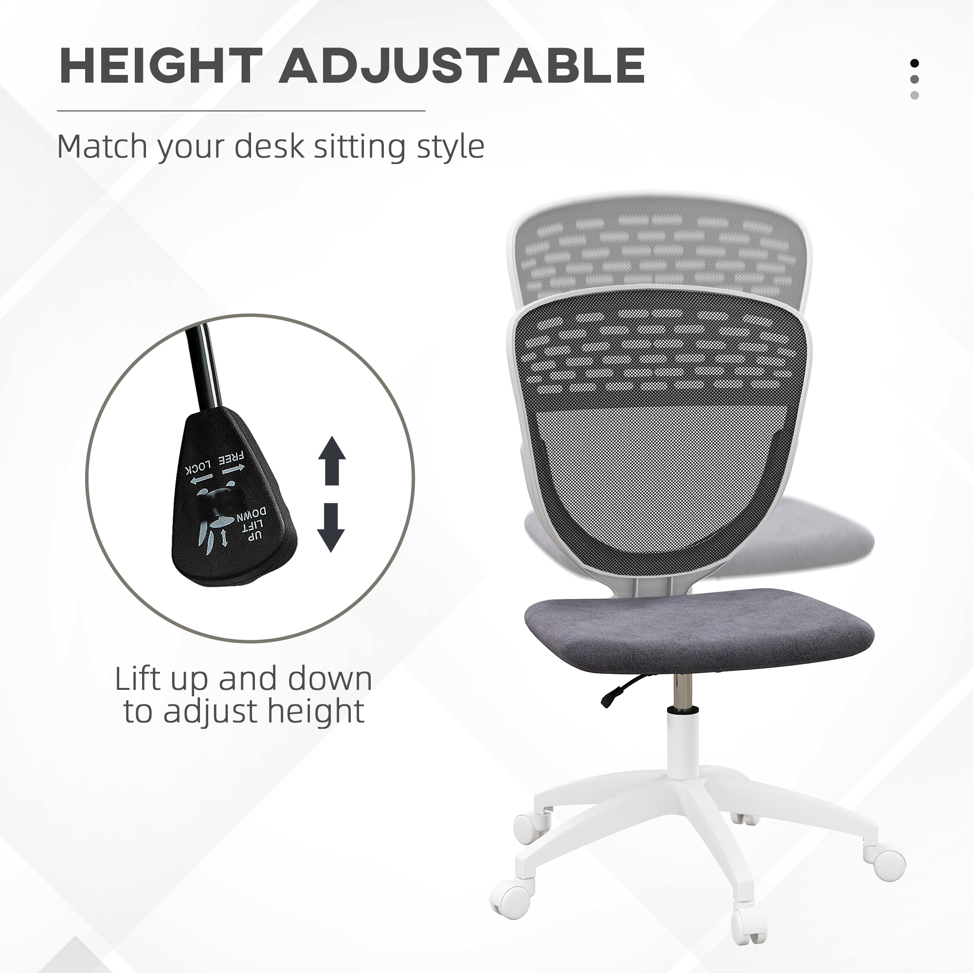 Vinsetto Ergonomic Office Chair, Armless Mesh Back, Height Adjustable, with Swivel Wheels, Grey