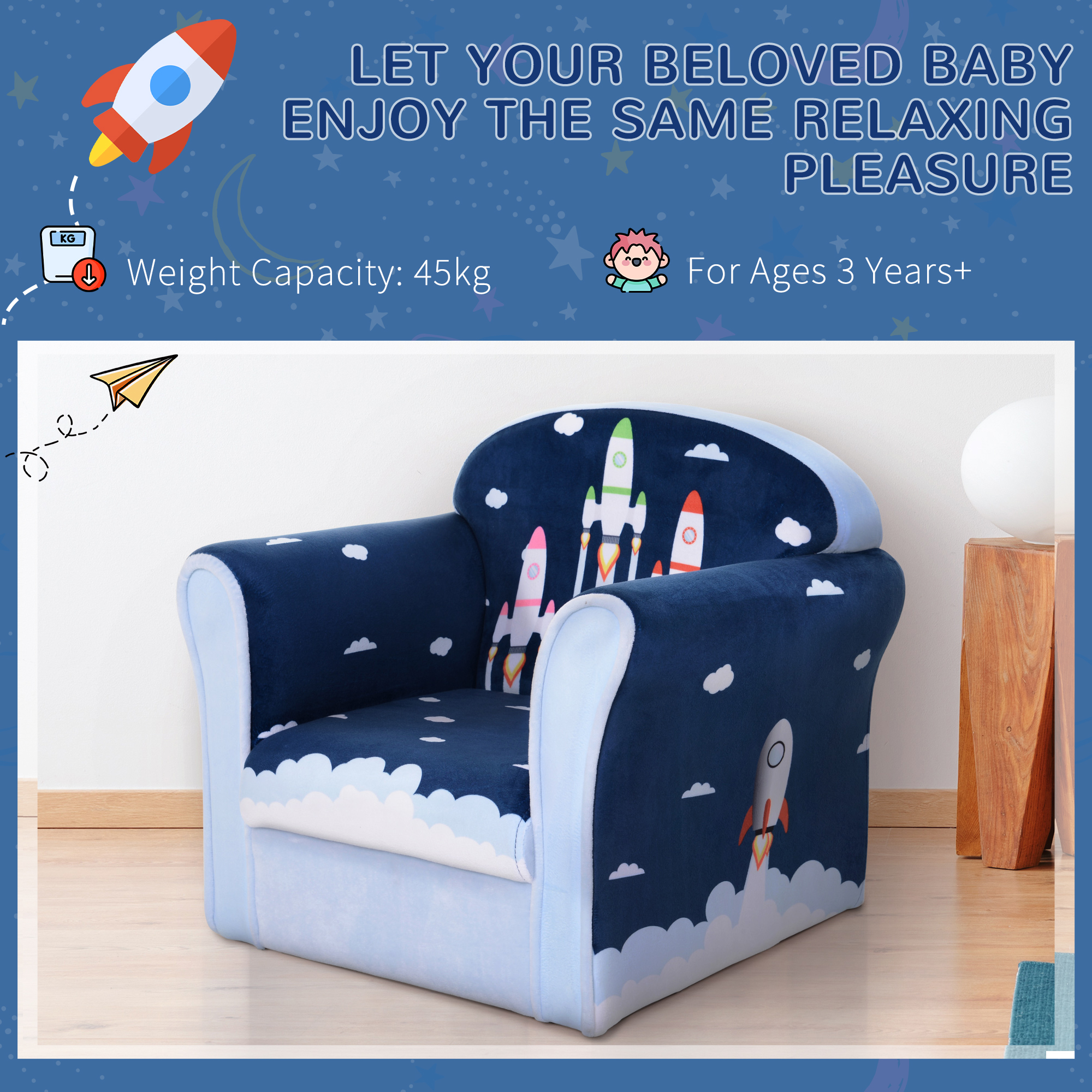HOMCOM Children Chair Armchair Single Sofa,  50 x 39 x 44cm, for 18M+, Blue