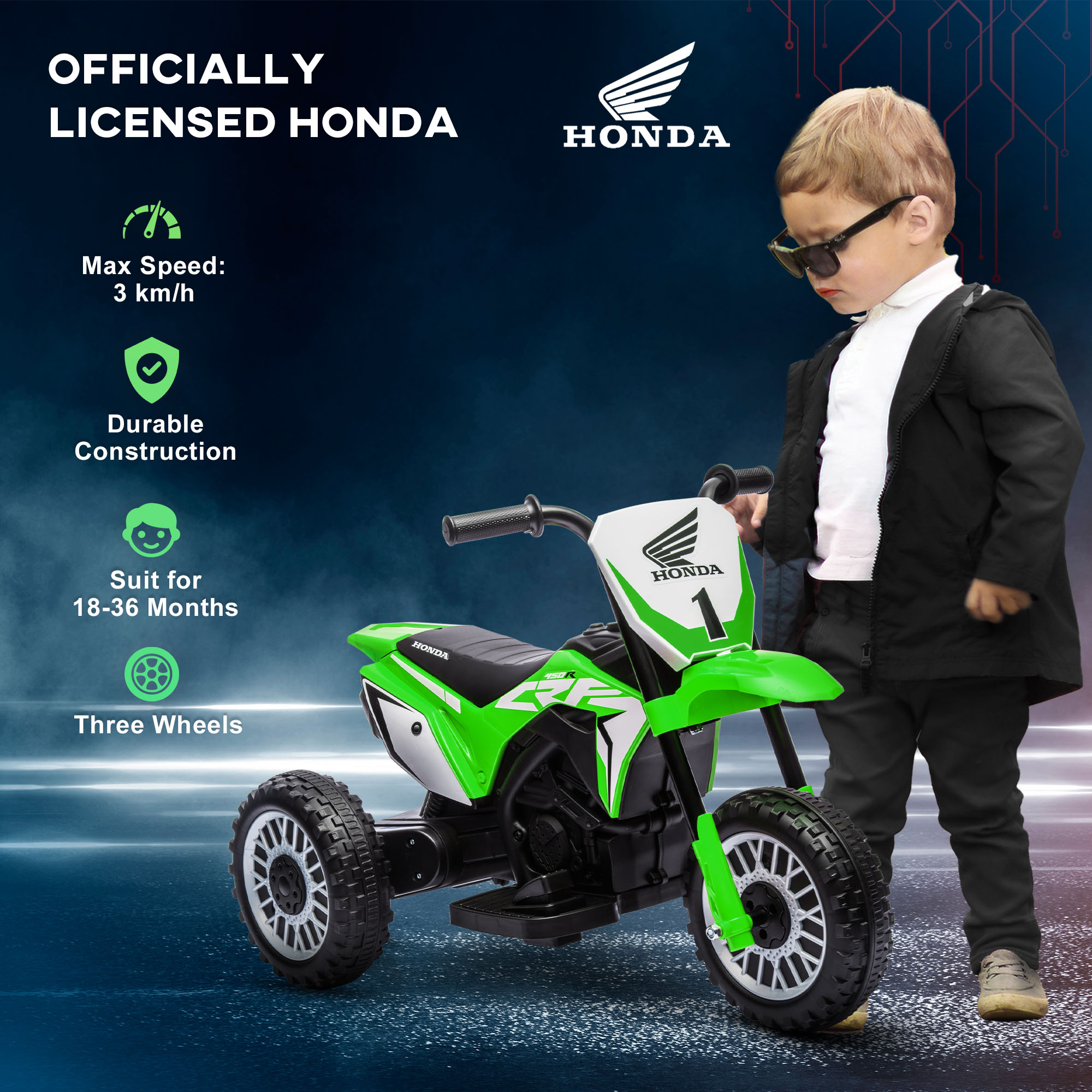 HOMCOM 6V Electric Motorbike for Toddlers, 3-Wheel Design, with Horn and Startup Sound, Vibrant Green