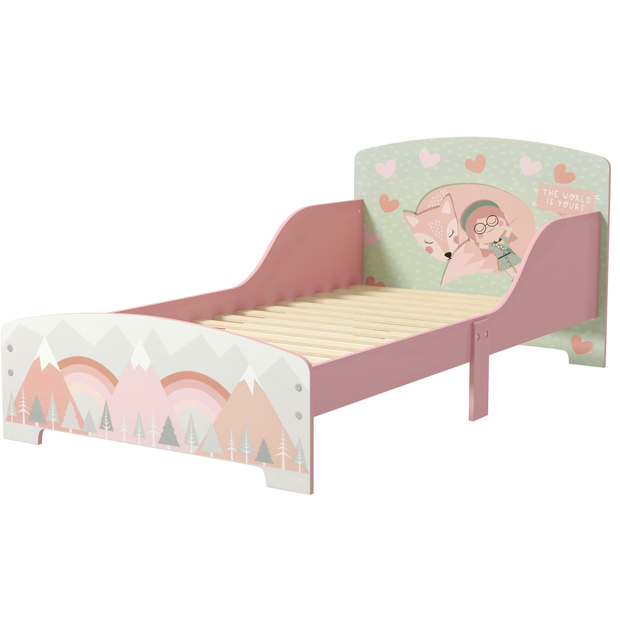 ZONEKIZ Cama para Crianças de Madeira com Barreira de Proteção e Estampados Carga Máx. 40 kg 77x143x60 cm Rosa   Aosom Portugal