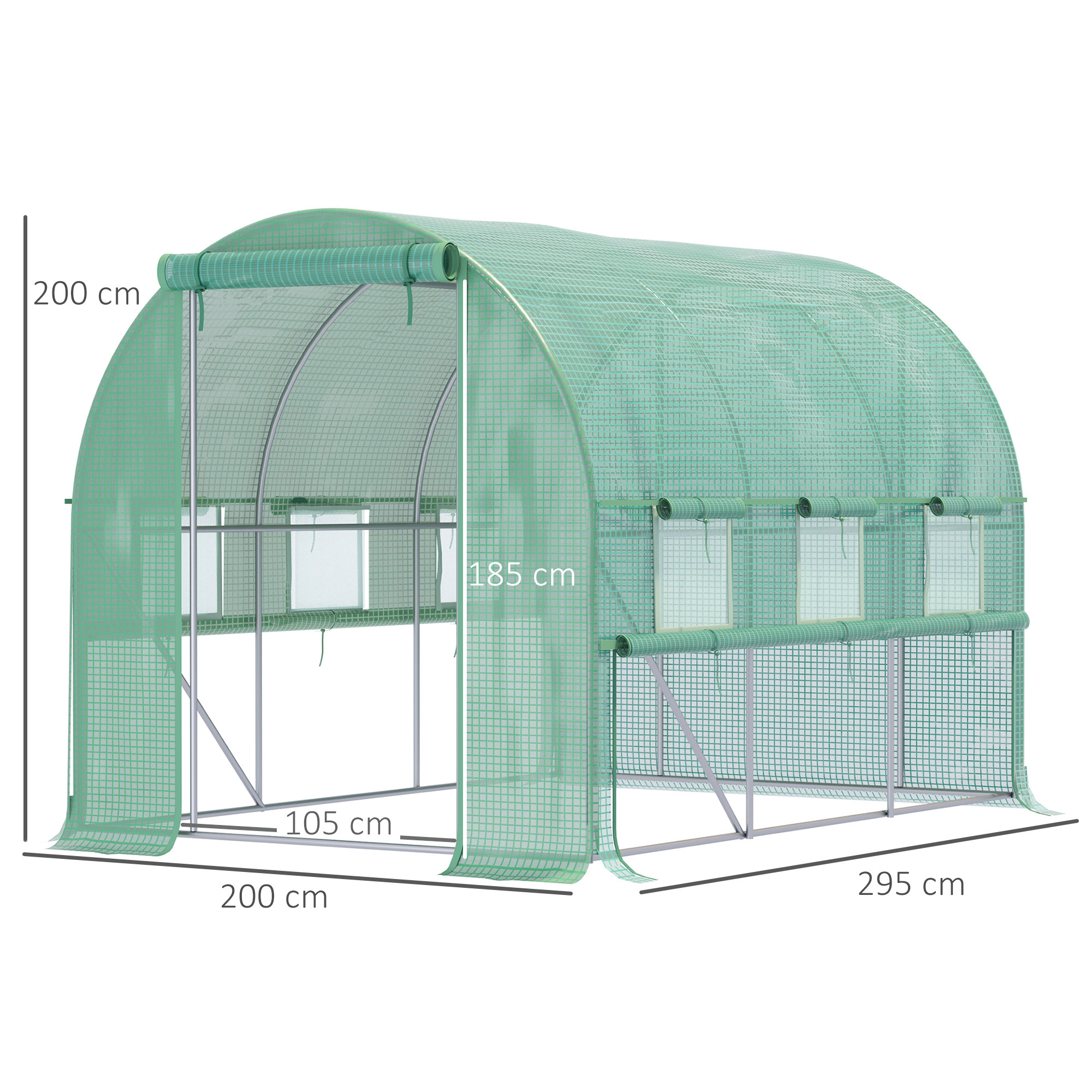 Outsunny Walk In Greenhouse, Garden Polytunnel with PE Cover, Zipped Roll Up Door and 6 Mesh Windows, 3x2x2m, Green