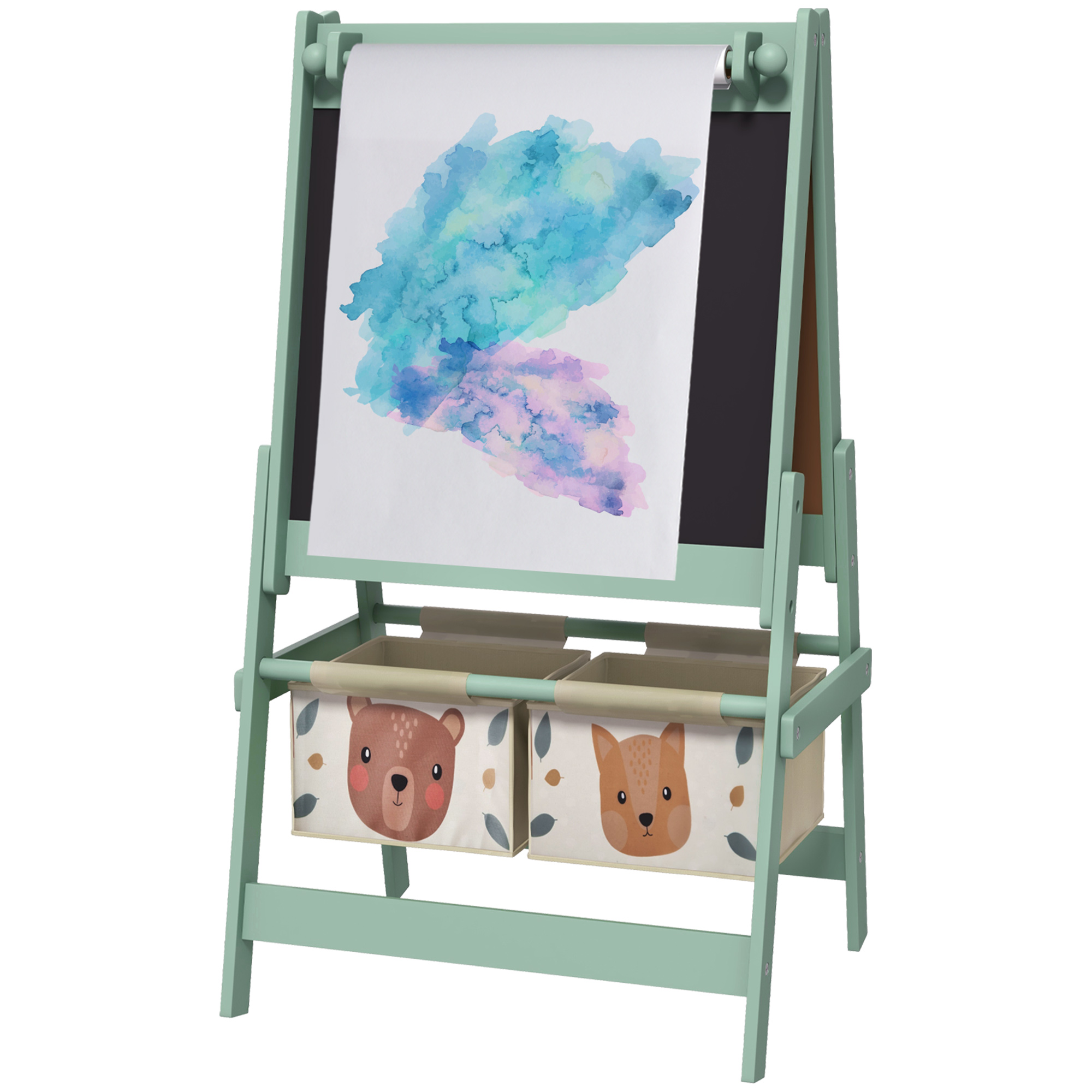 AIYAPLAY Cavalete para Crianças 3 em 1 Cavalete de Arte com Rolo de Papel Quadro e 2 Cestas de Armazenamento 54x46,5x93 cm Verde   Aosom Portugal