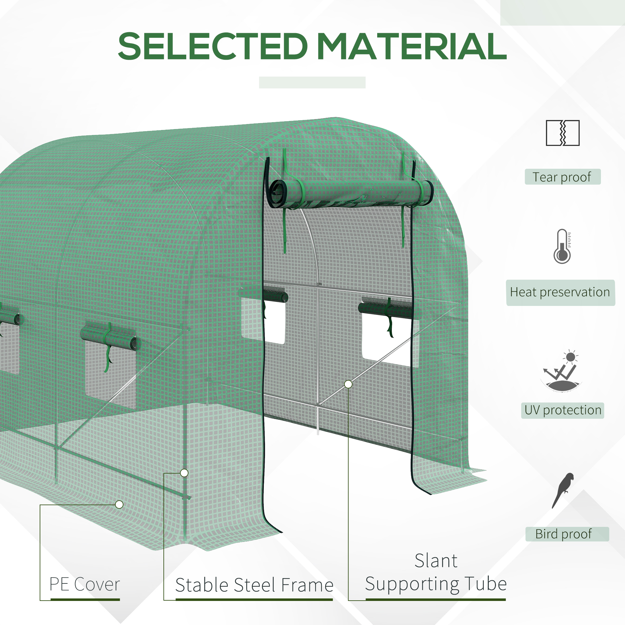 Outsunny 2.5 x 2m Walk-In Polytunnel Greenhouse, with Steel Frame, PE Cover, Roll-Up Door and 4 Windows, Green