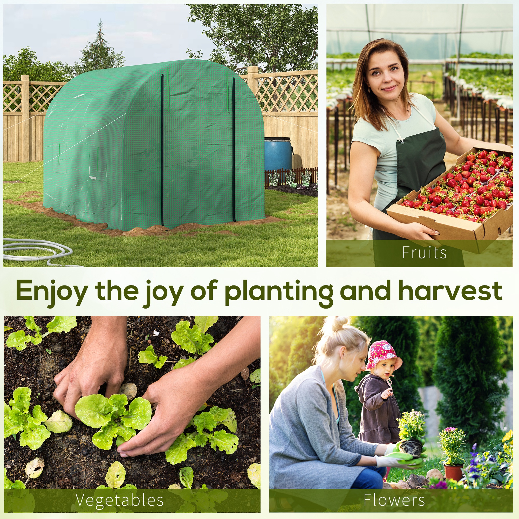 Outsunny 2.5 x 2m Walk-In Polytunnel Greenhouse, with Steel Frame, PE Cover, Roll-Up Door and 4 Windows, Green