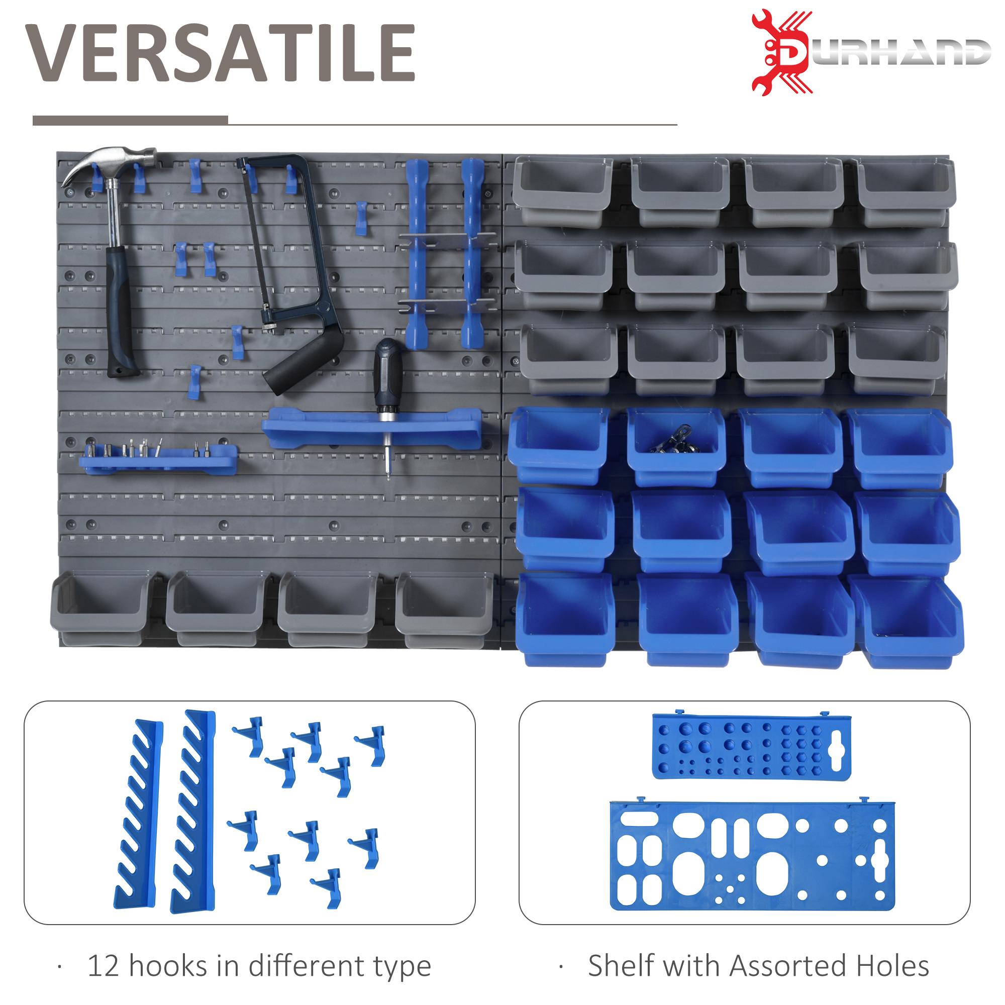 DURHAND Wall Mounted Tool Organiser, 44 Piece Storage Bins, Panel Set with Shelf, Hooks, Screws for Workshop, Blue