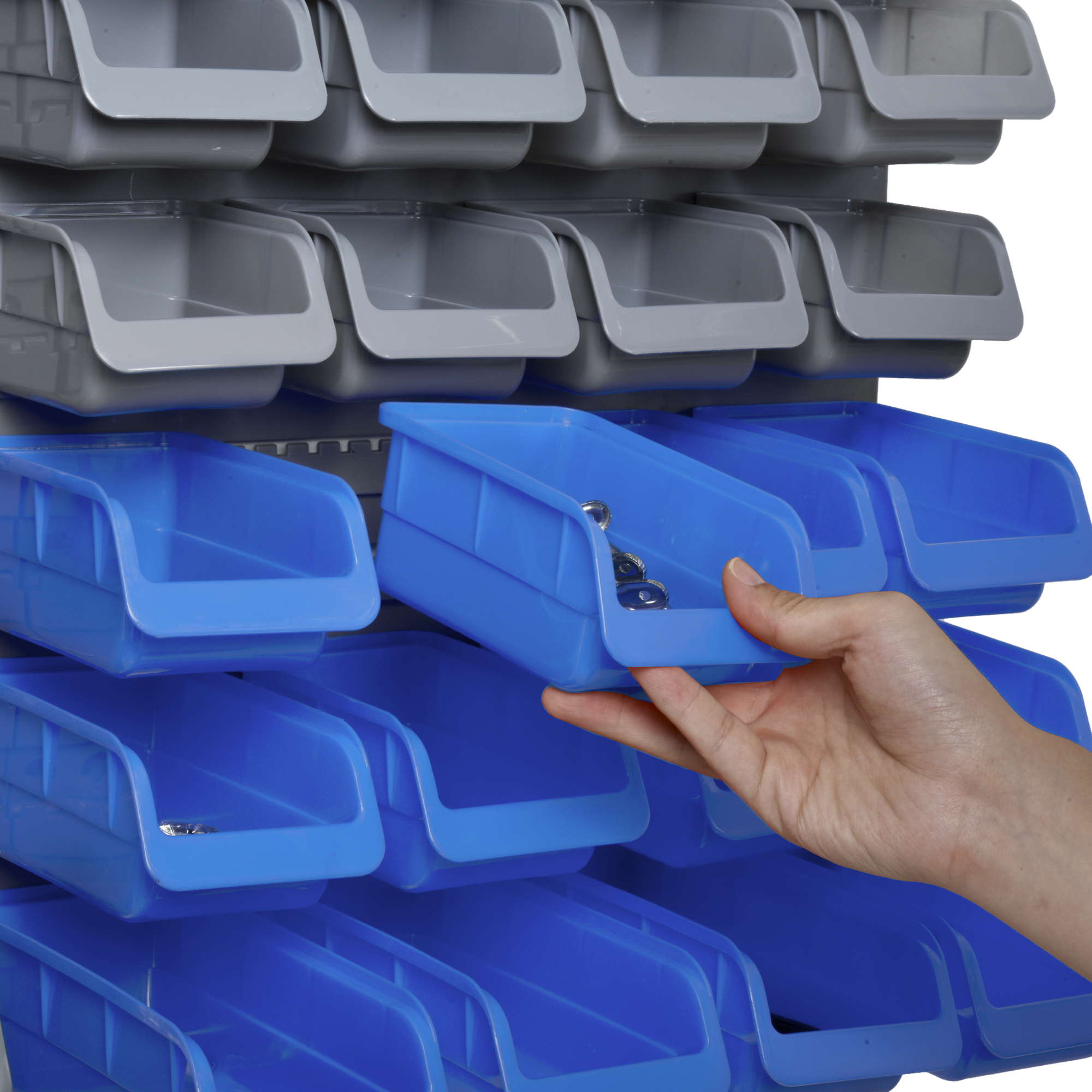 DURHAND Wall Mounted Tool Organiser, 44 Piece Storage Bins, Panel Set with Shelf, Hooks, Screws for Workshop, Blue