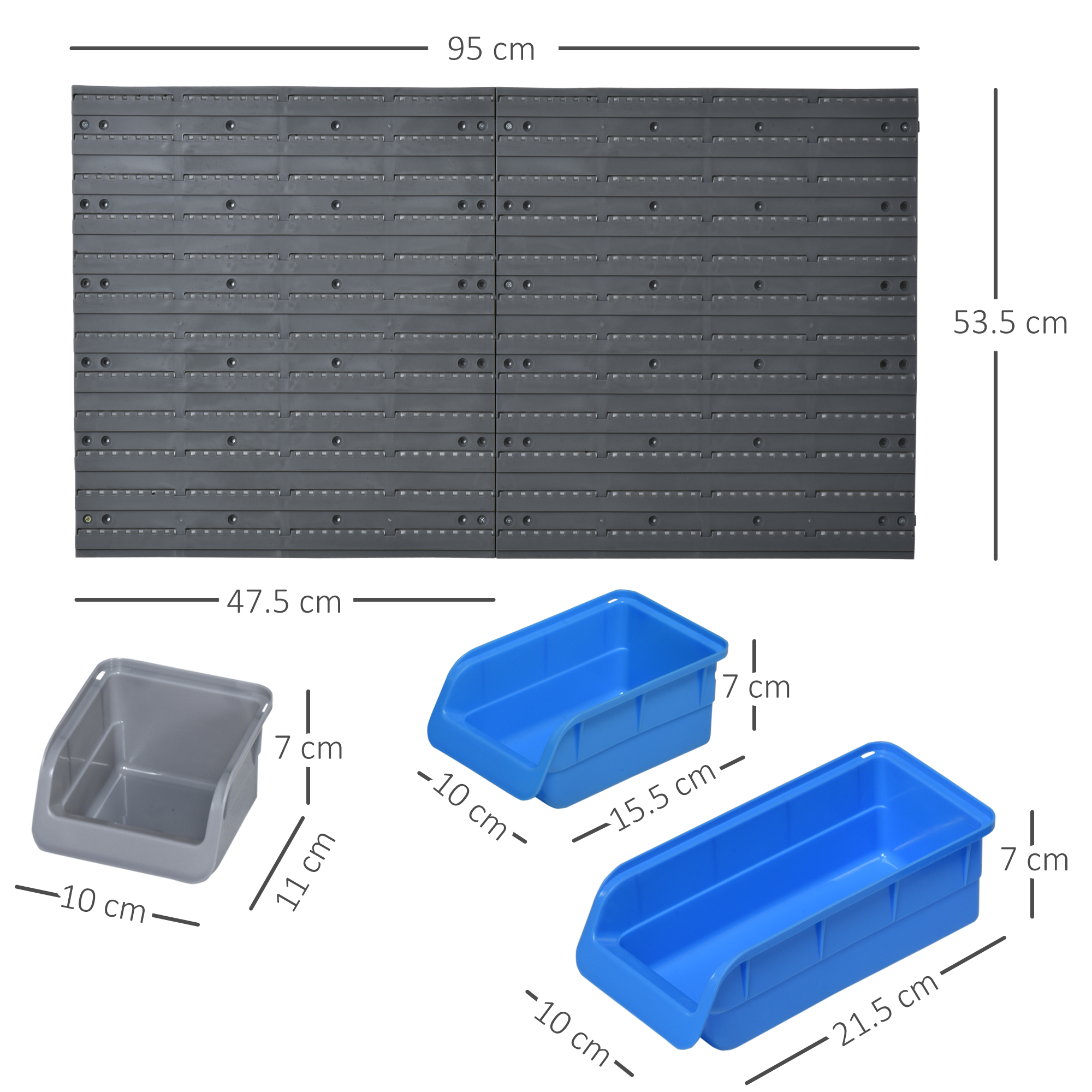 DURHAND Wall Mounted Tool Organiser, 44 Piece Storage Bins, Panel Set with Shelf, Hooks, Screws for Workshop, Blue