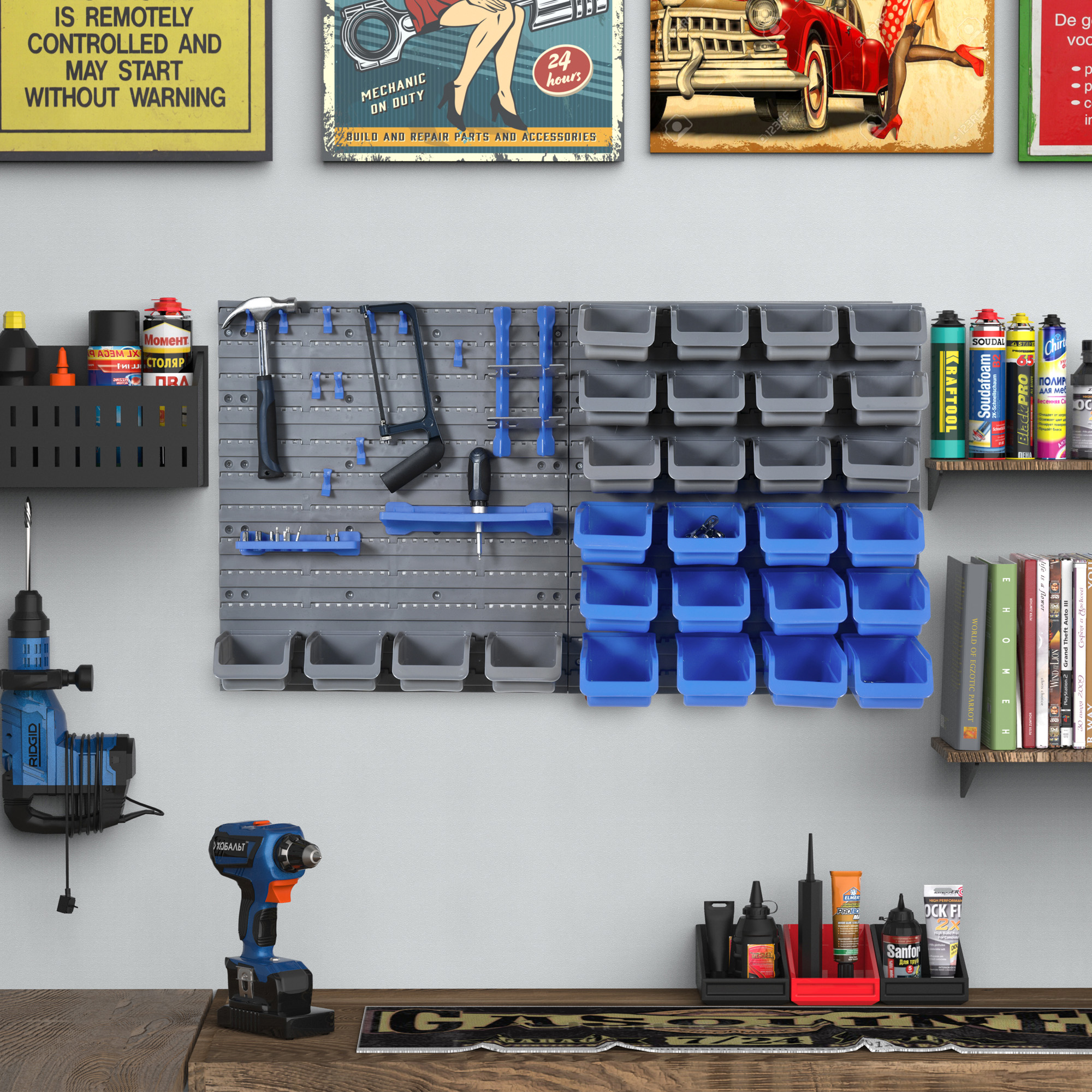 DURHAND Wall Mounted Tool Organiser, 44 Piece Storage Bins, Panel Set with Shelf, Hooks, Screws for Workshop, Blue