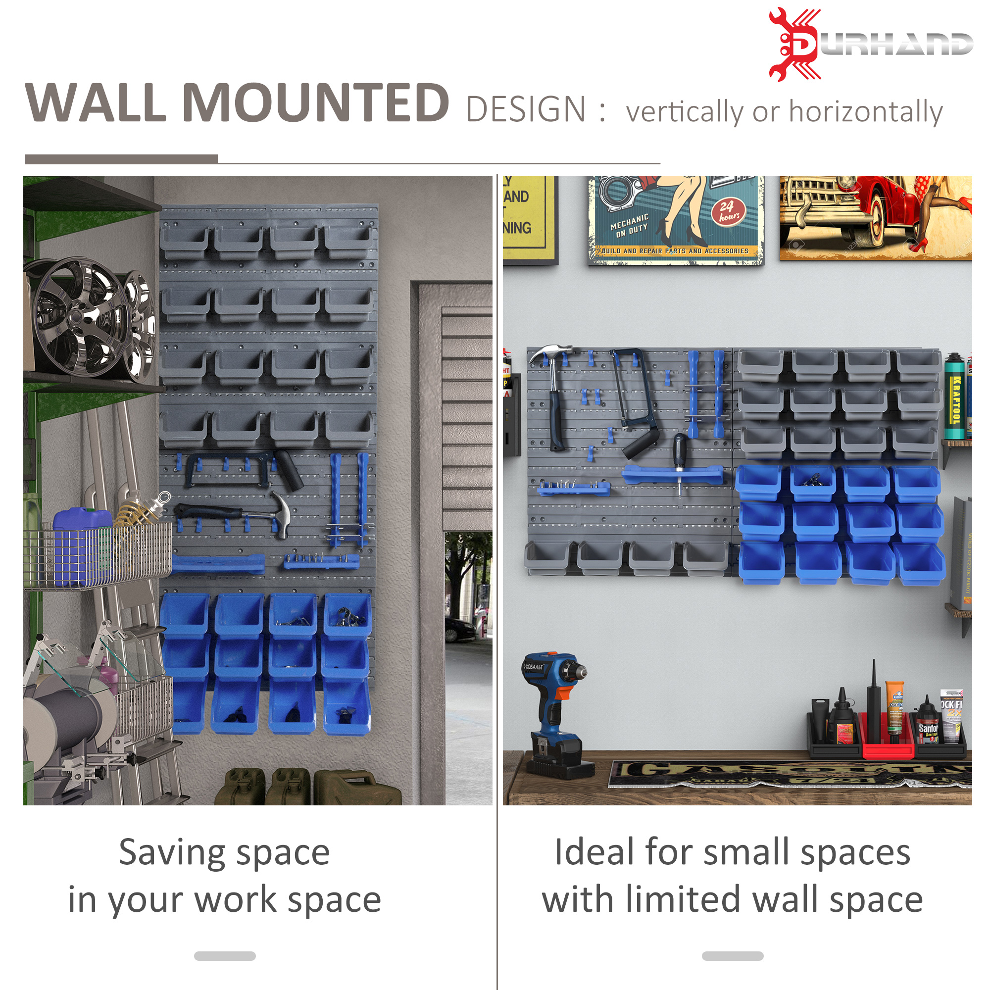 DURHAND Wall Mounted Tool Organiser, 44 Piece Storage Bins, Panel Set with Shelf, Hooks, Screws for Workshop, Blue