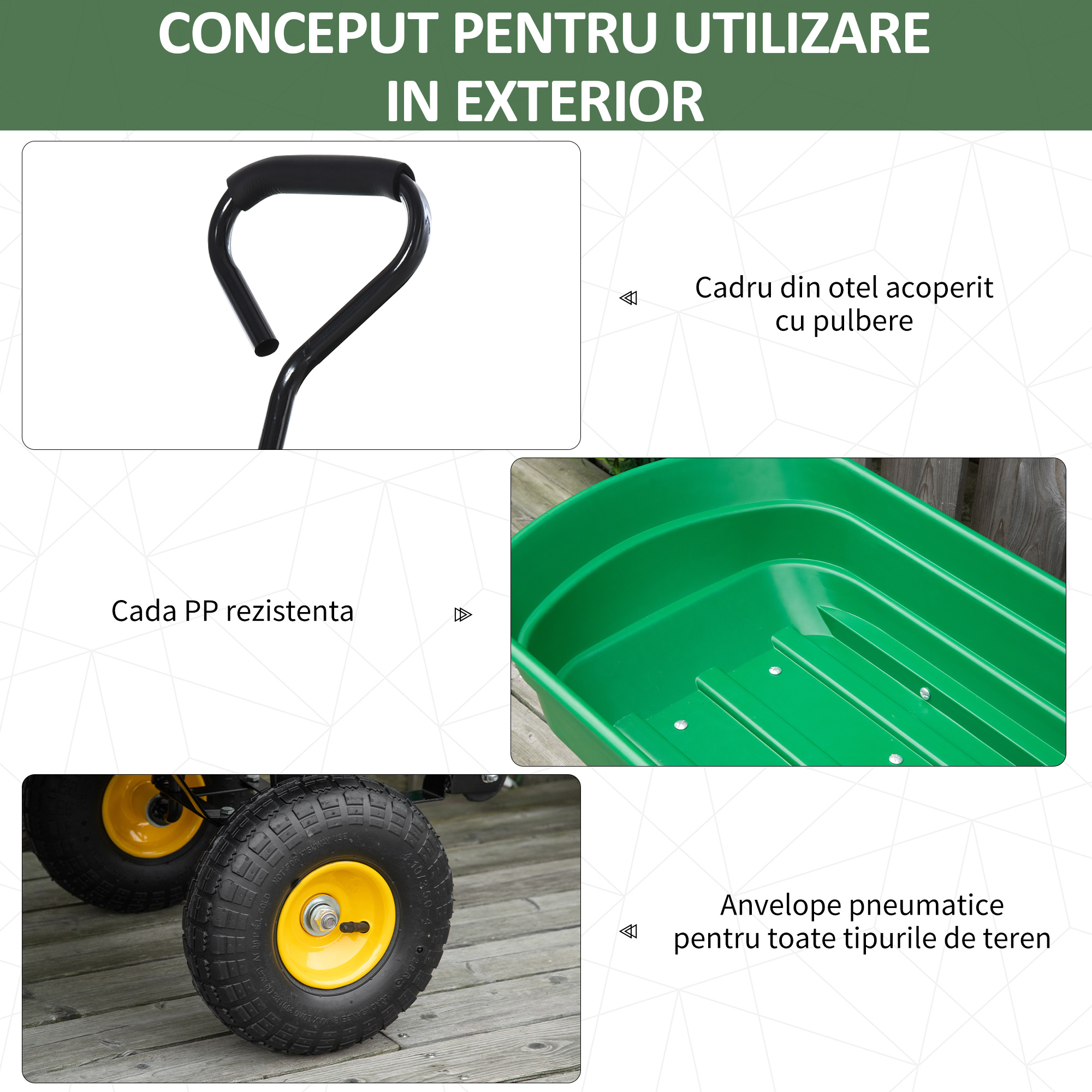 Carucior de Gradina  75L din Otel si PP cu Cuva Rabatabila si Maner de Transport, 109x52x94 cm, Verde [4]