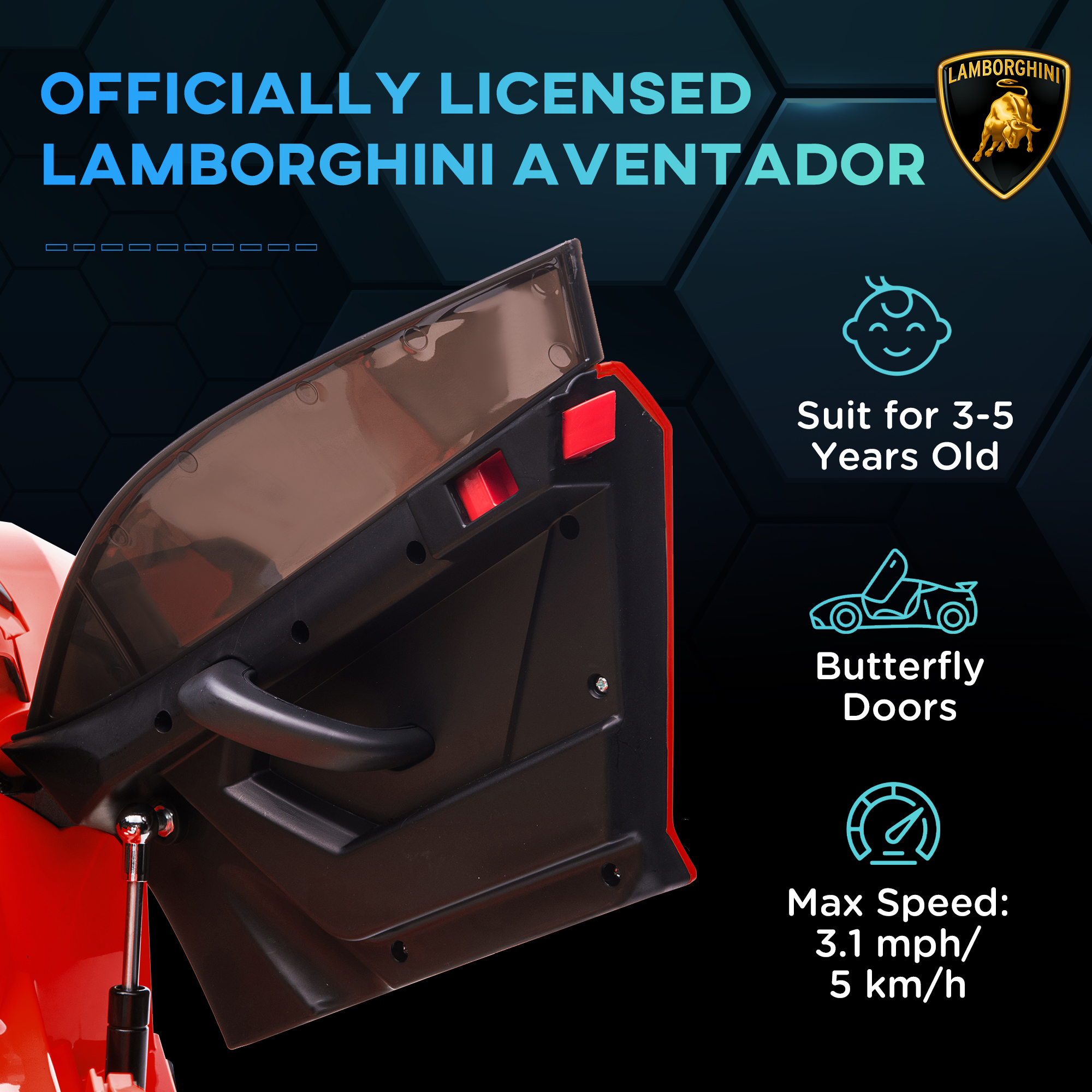 HOMCOM Lamborghini Licensed 12V Kids Electric Car w/ Butterfly Doors, Easy Transport Remote, Music, Horn, Suspension - Red