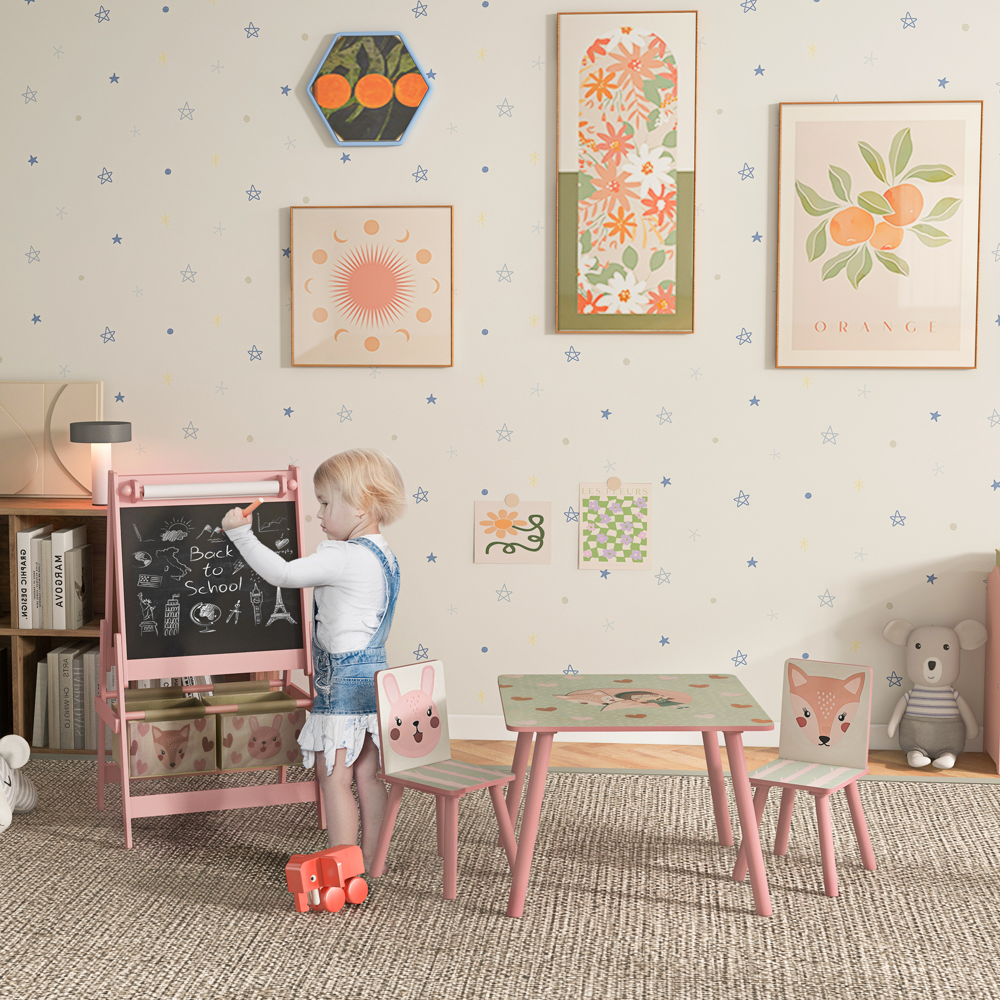 ZONEKIZ Multi-Activity Kids Table and Chair Set with Easel, Paper Roll, and Storage, Children's Furniture, Pink