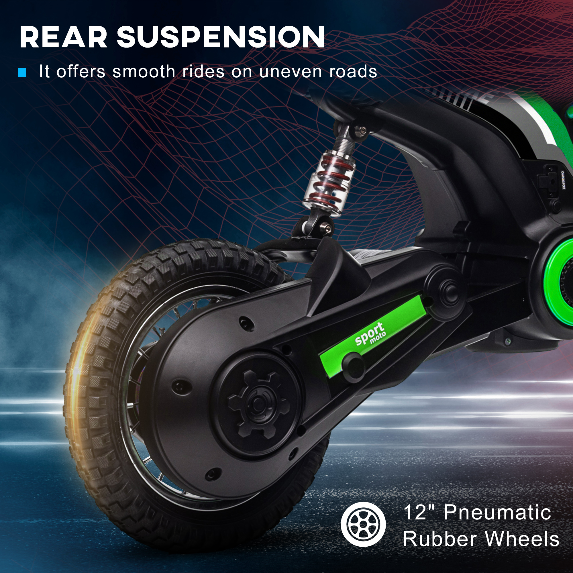 HOMCOM 24V Electric Motorbike, Dirt Bike with Twist Grip Throttle, Music Horn, 12" Pneumatic Tyres, 16 Km/h Max. Speed, Green