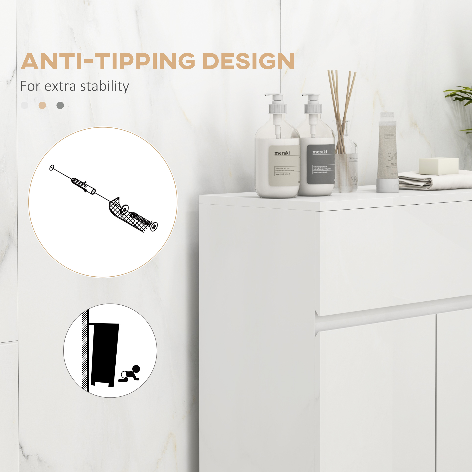 Kleankin Freestanding High Gloss Bathroom Cabinet, Storage Cupboard with Drawer and Adjustable Shelf, White