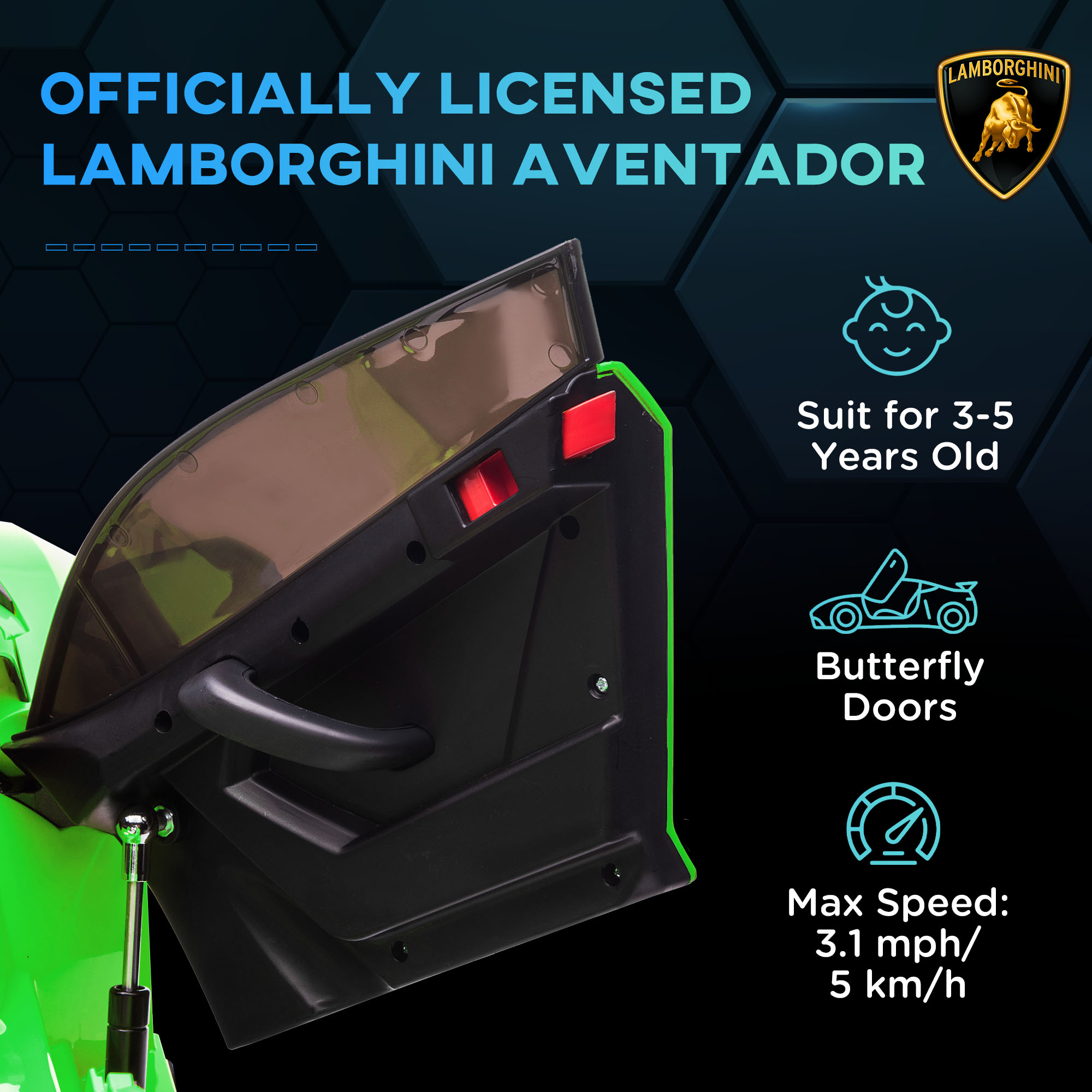 HOMCOM Lamborghini Licensed 12V Kids Electric Car w/ Butterfly Doors, Easy Transport Remote, Music, Horn, Suspension - Green