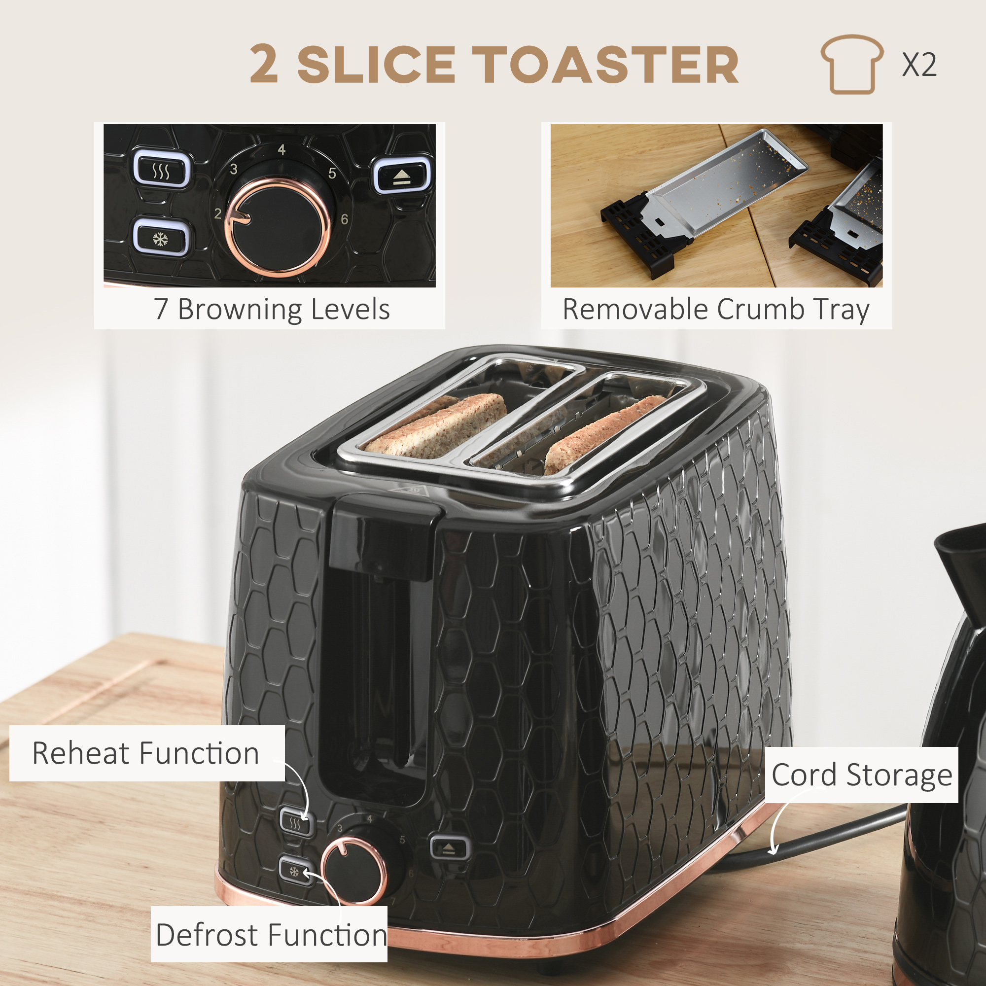 HOMCOM 1.7L 3000W Fast Boil Kettle & 2 Slice Toaster Set, Kettle and Toaster Set with Auto Shut Off, Browning Controls, Black