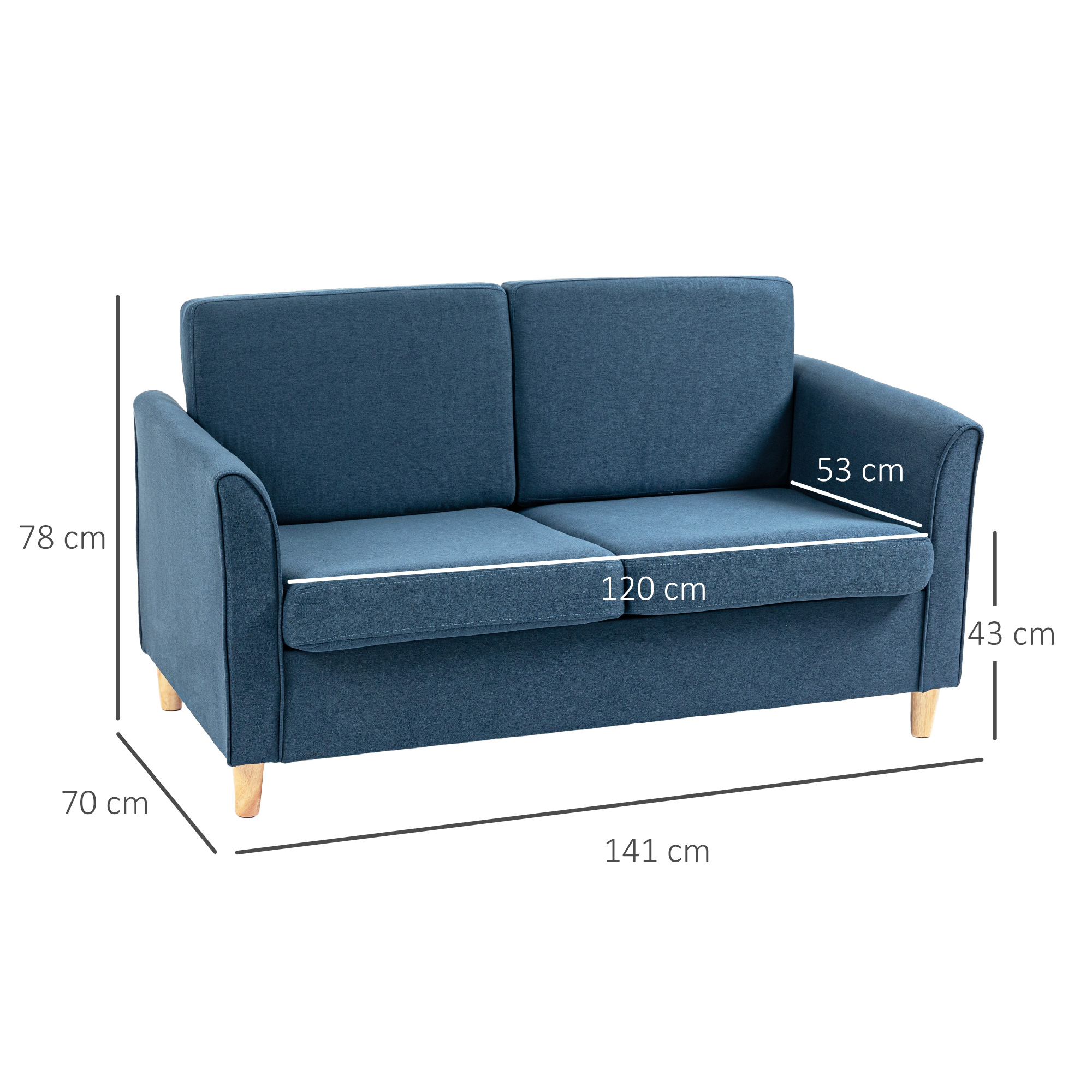 HOMCOM Compact Loveseat Sofa, Modern 2 Seater Sofa for Living Room with Wood Legs and Armrests, Blue