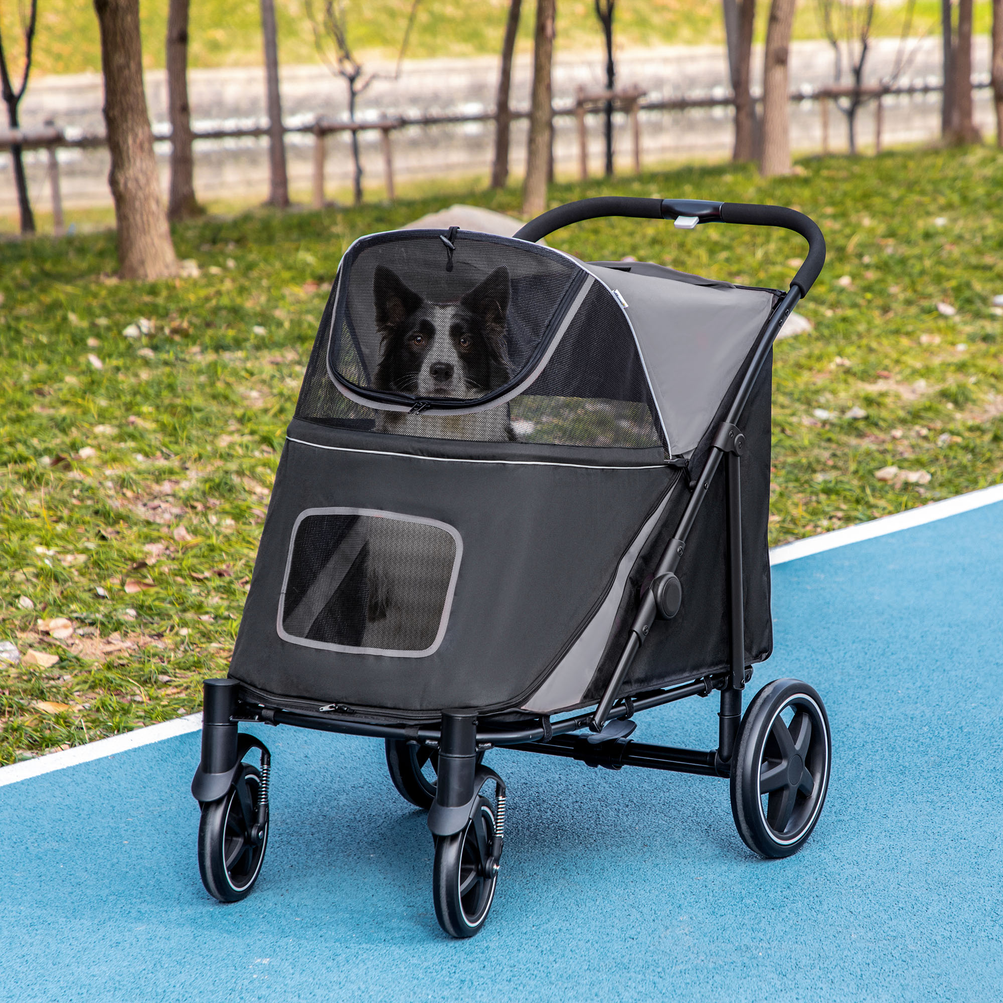PawHut One-Click Foldable Pet Stroller, with Universal Wheels, Shock absorber, for Medium and Large Dogs - Grey