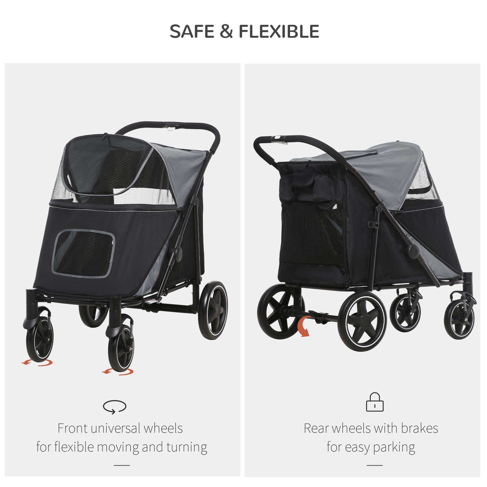 PawHut One-Click Foldable Pet Stroller, with Universal Wheels, Shock absorber, for Medium and Large Dogs - Grey