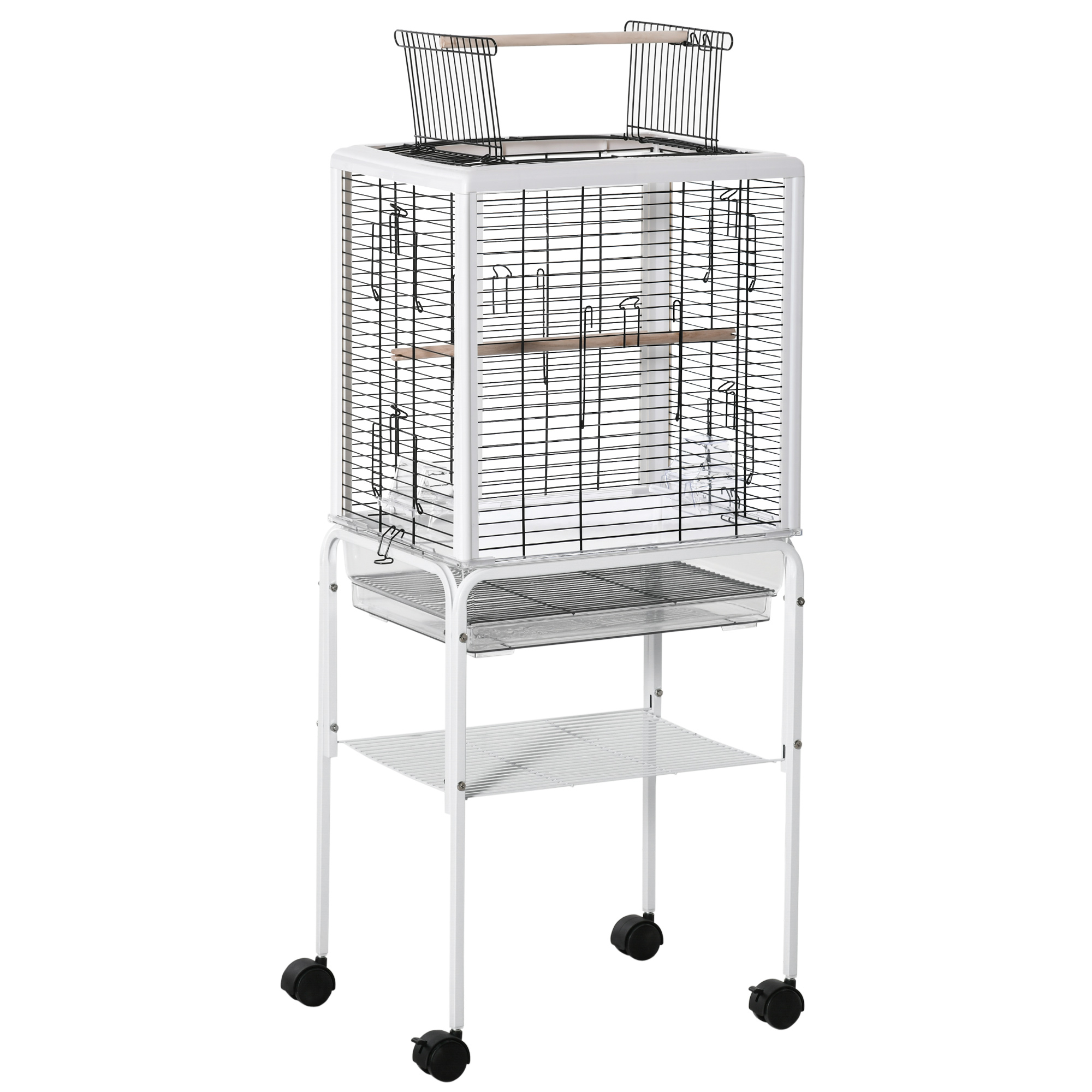 PawHut Jaula para Pájaros con Soporte Desmontable Pajarera con 4 Ruedas Techo Abrible 2 Comederos 2 Perchas y Bandeja para Loros Canarios Periquitos 47x35x106,5 cm Blanco