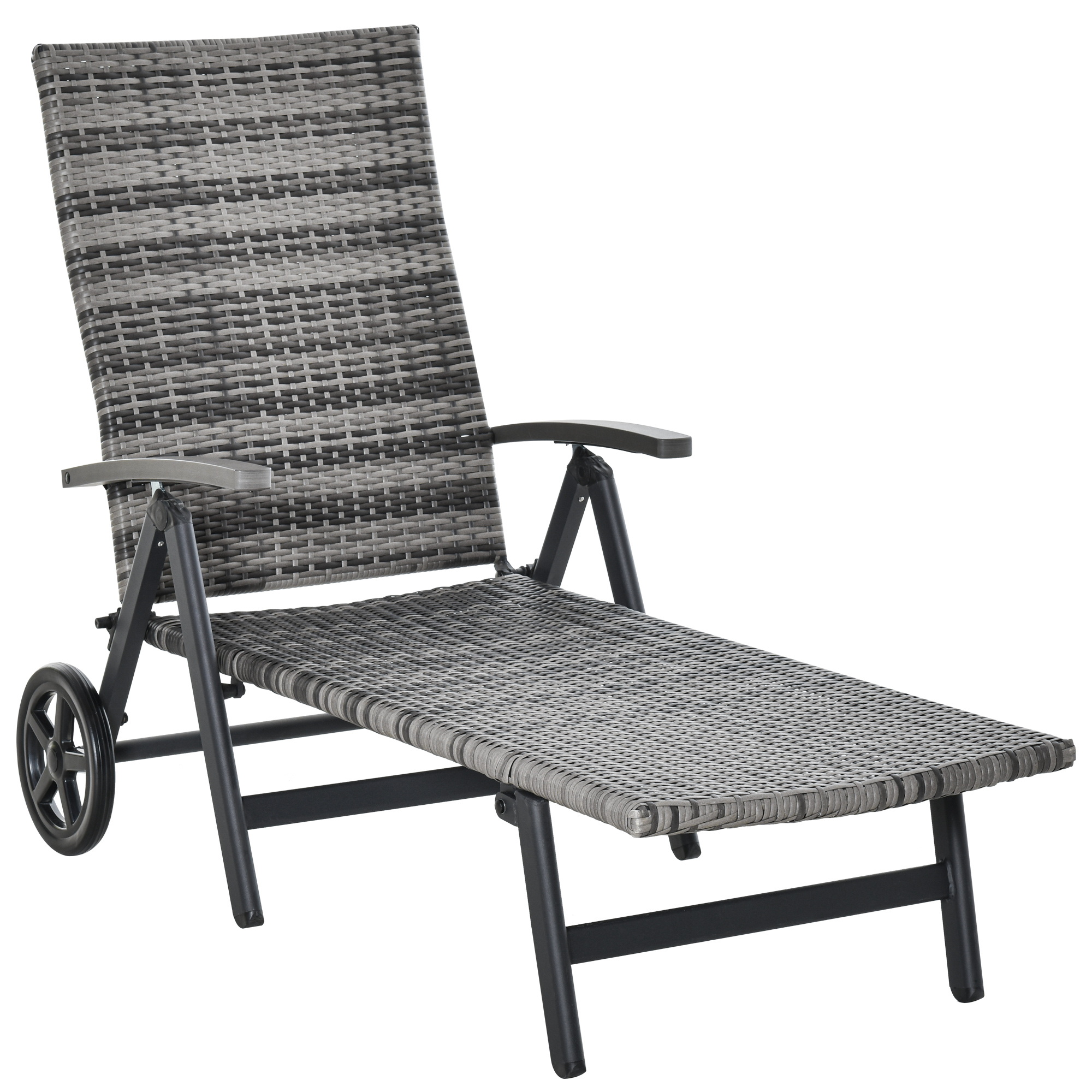 Outsunny Tumbona de Jardín de Ratán 192x74x55 cm con Respaldo Reclinable en 7 Posiciones Reposabrazos y Ruedas Marco de Aluminio para Patio Terraza Balcón Gris