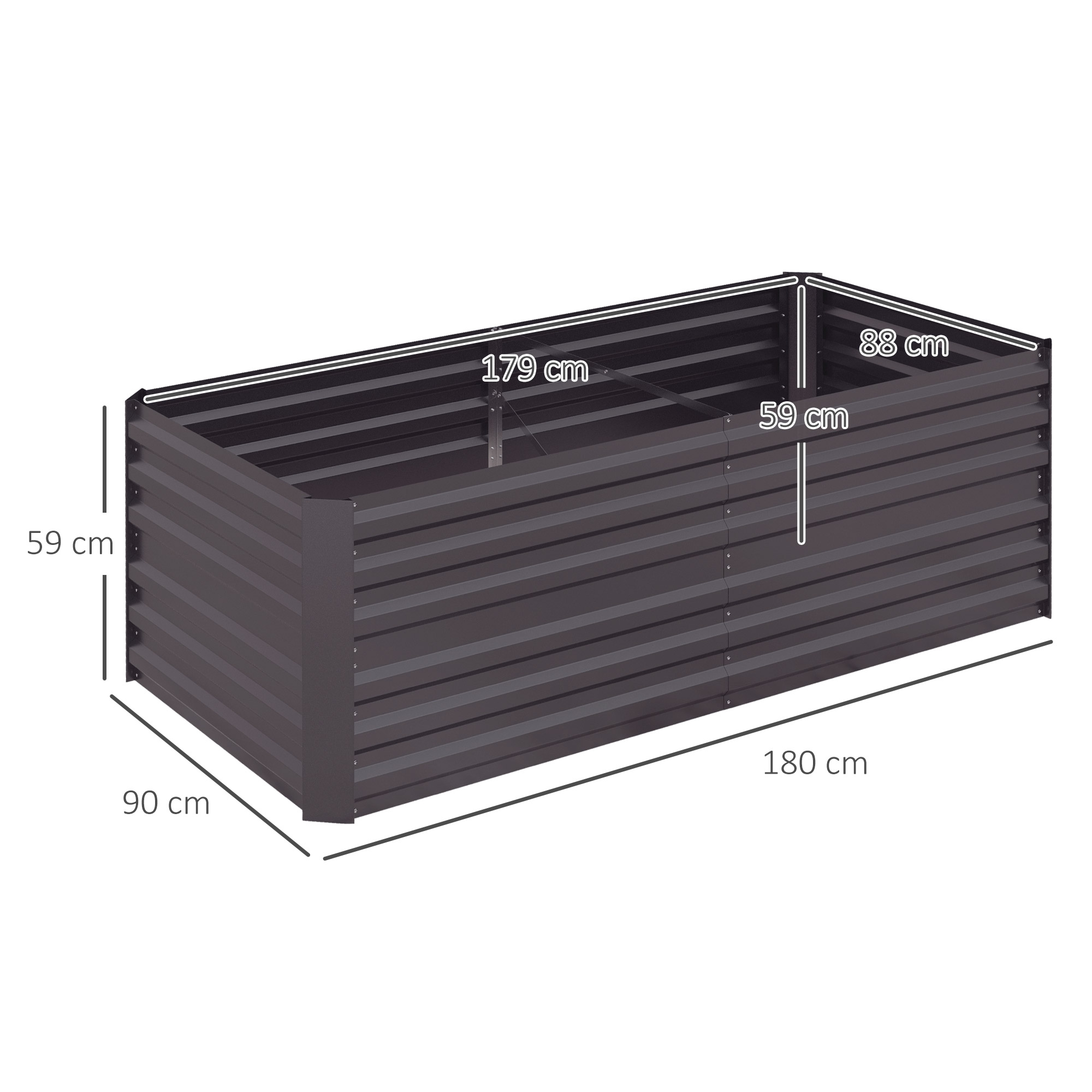 Outsunny Galvanised Steel Raised Garden Bed, 180 x 90 x 59 cm Outdoor Planter with Reinforced Rods, Dark Grey