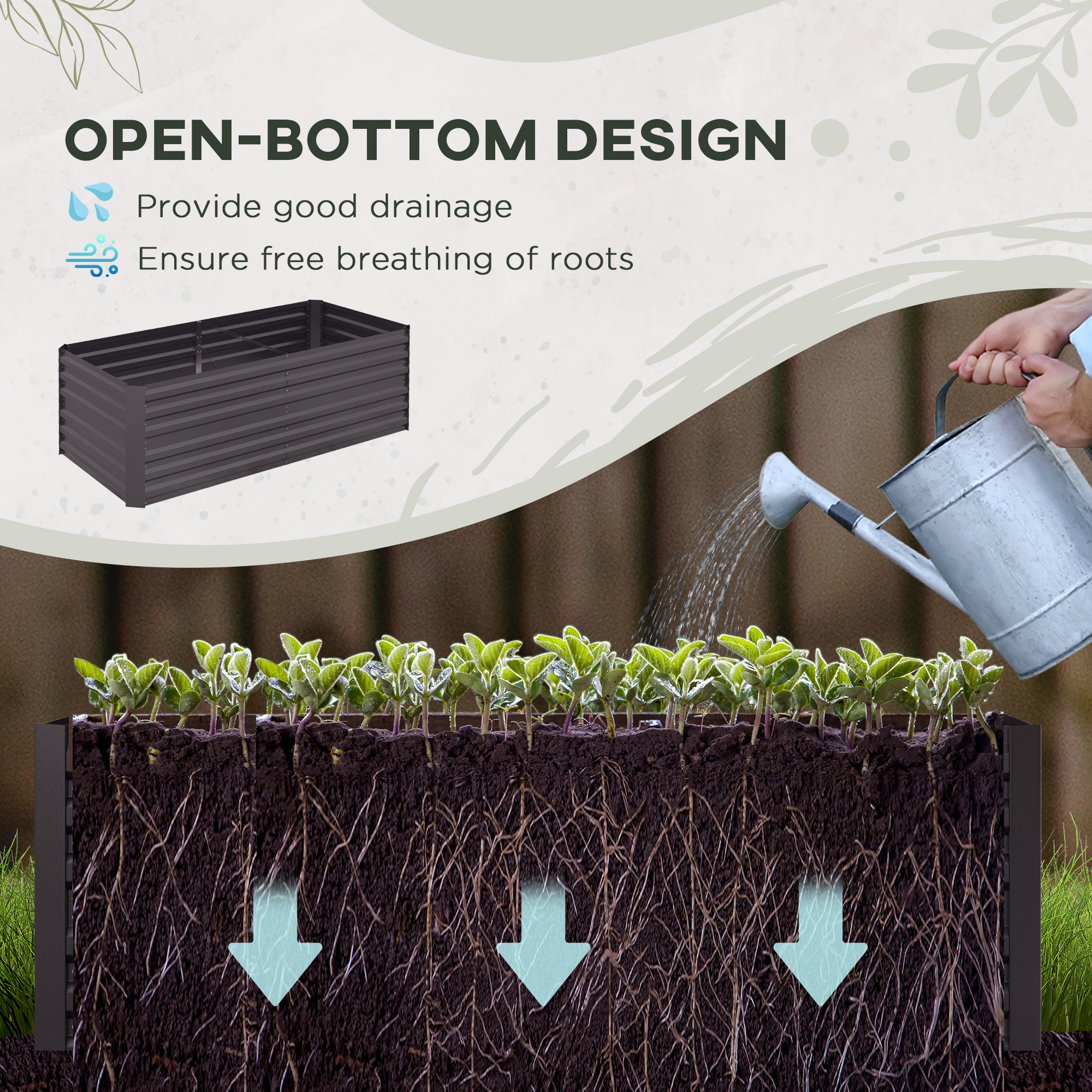 Outsunny Galvanised Steel Raised Garden Bed, 180 x 90 x 59 cm Outdoor Planter with Reinforced Rods, Dark Grey