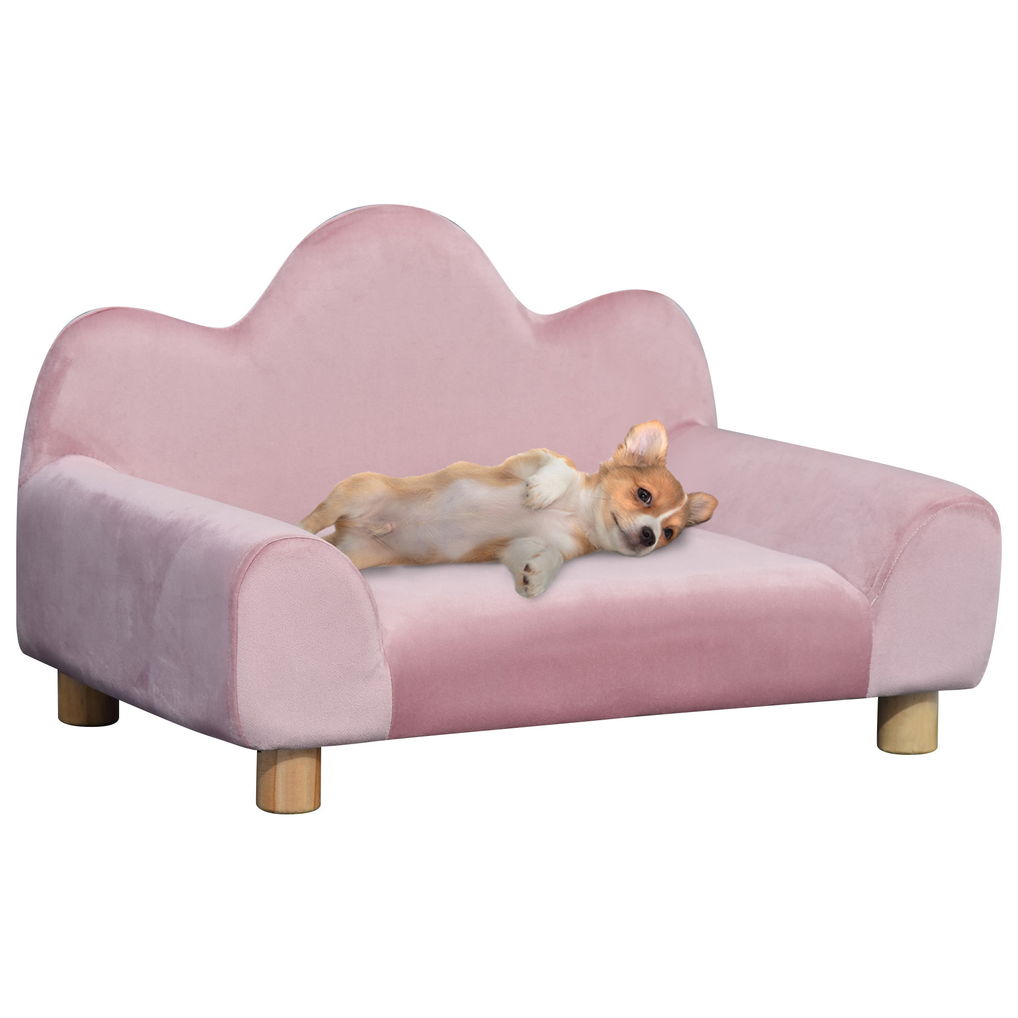 PawHut Sofá para Mascotas Sofá Estilo Moderno para Gatos Perros Pequeños con Respaldo de 3 Ondulaciones Patas Elevadas de Madera 63x43x40 cm Rosa